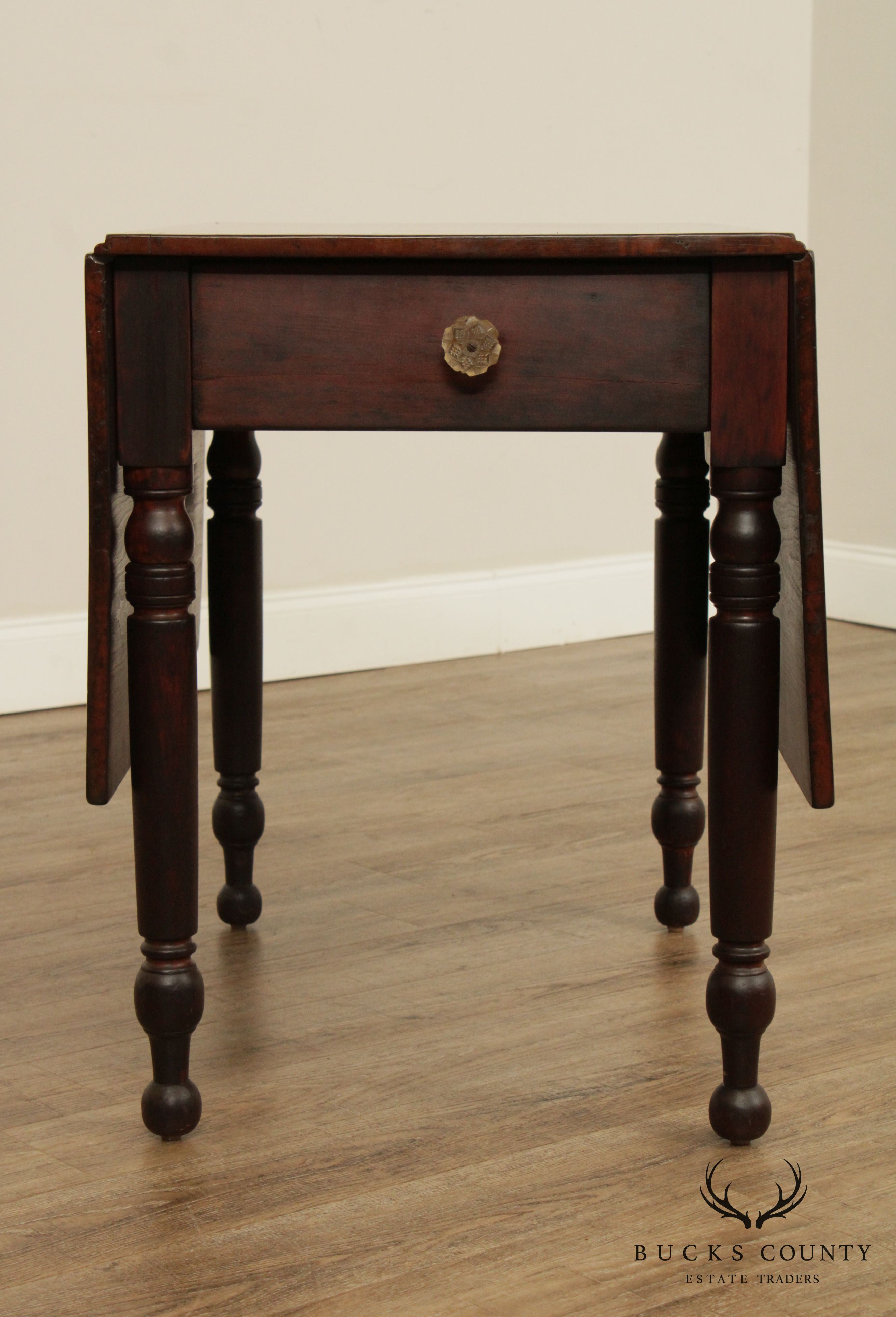 Antique Country Sheraton Cherry One Drawer, Drop Leaf Table