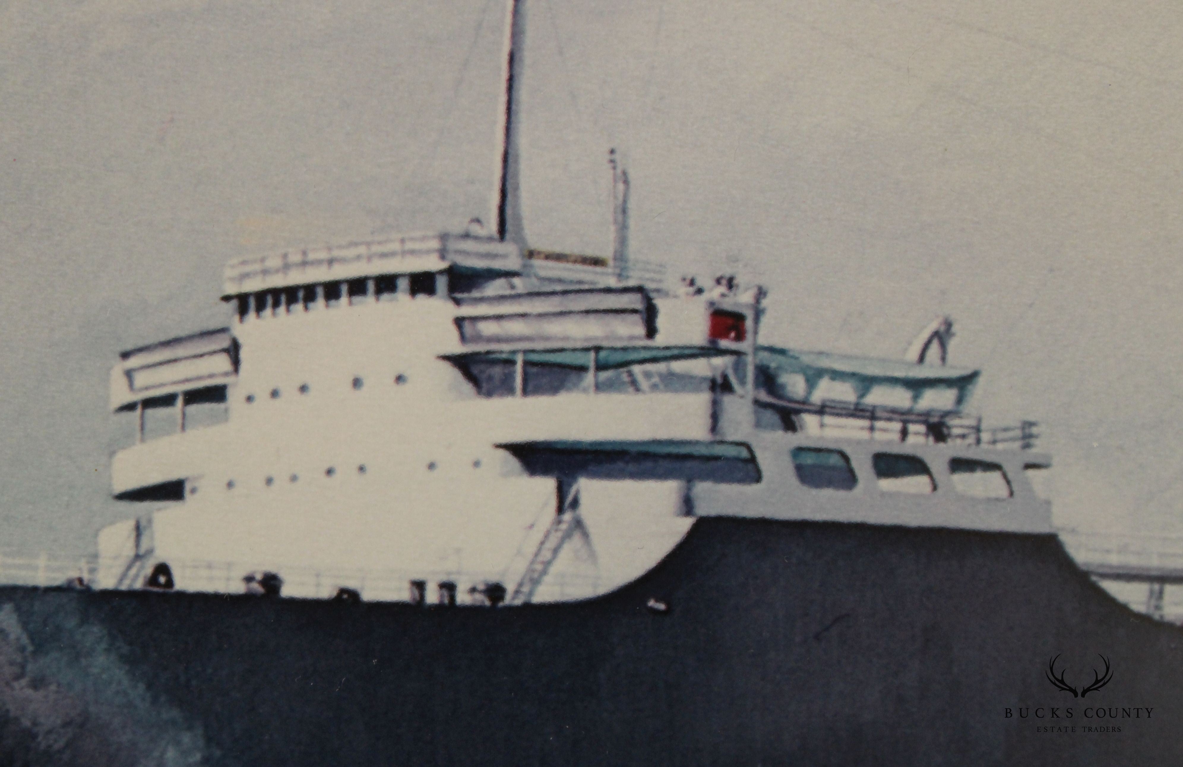 Vintage 20th C. S.S. Kings Port Maritime Watercolor Print, Signed 'Matthews'