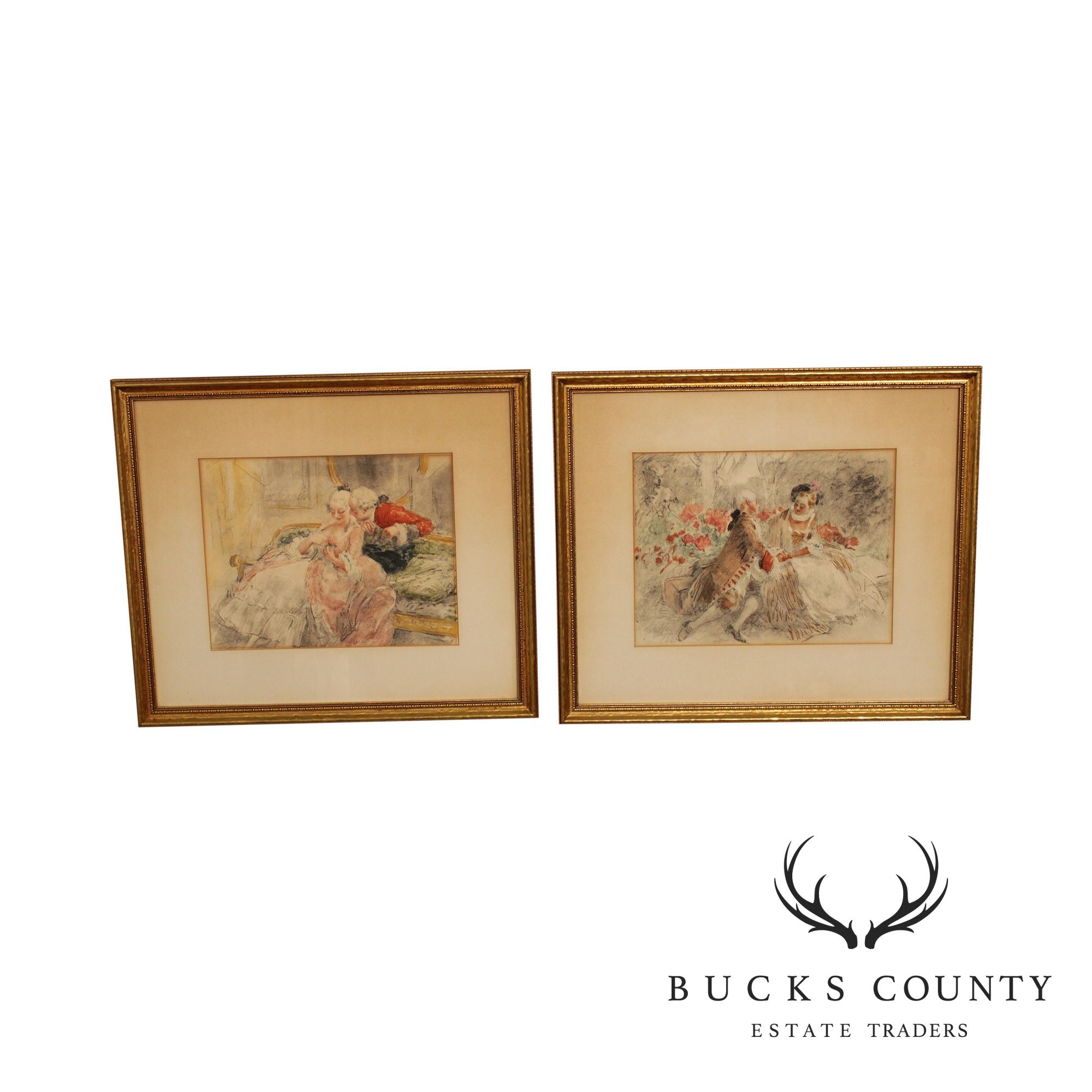 Antoine Calbet Vintage French Pair Framed Etchings