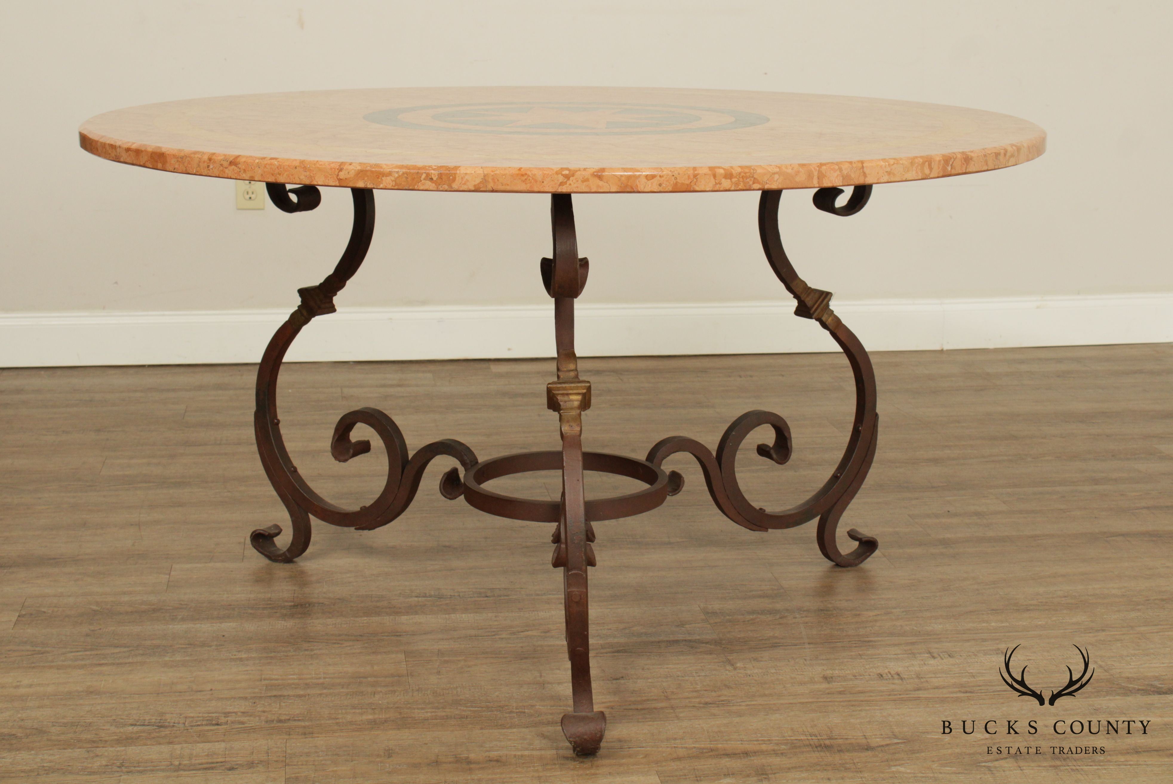 Tuscan Style Iron Scroll Base Round Marble Top Dining Table