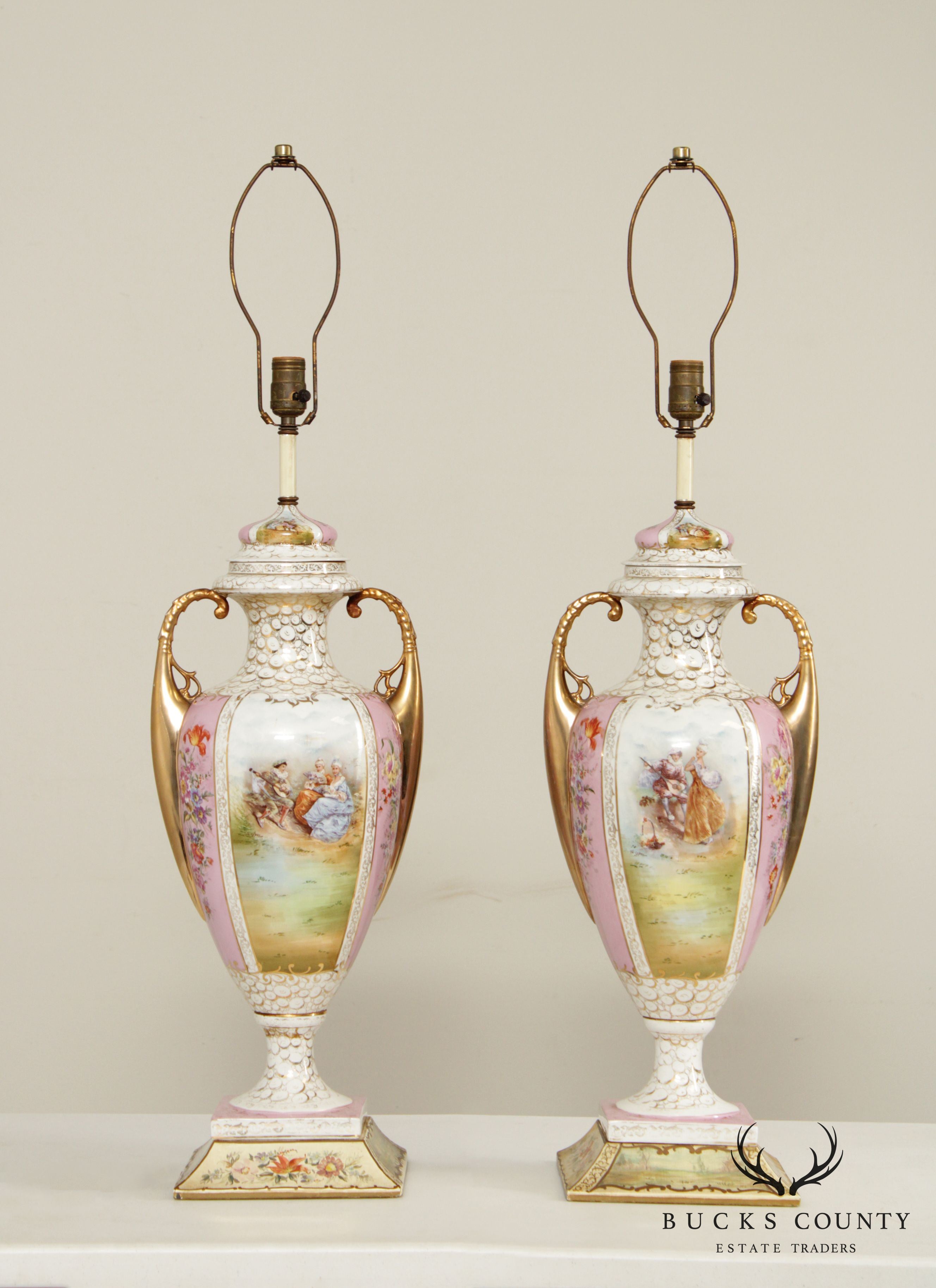 Louis XVI Style Hand Painted Porcelain Urn Form Pair Table Lamps