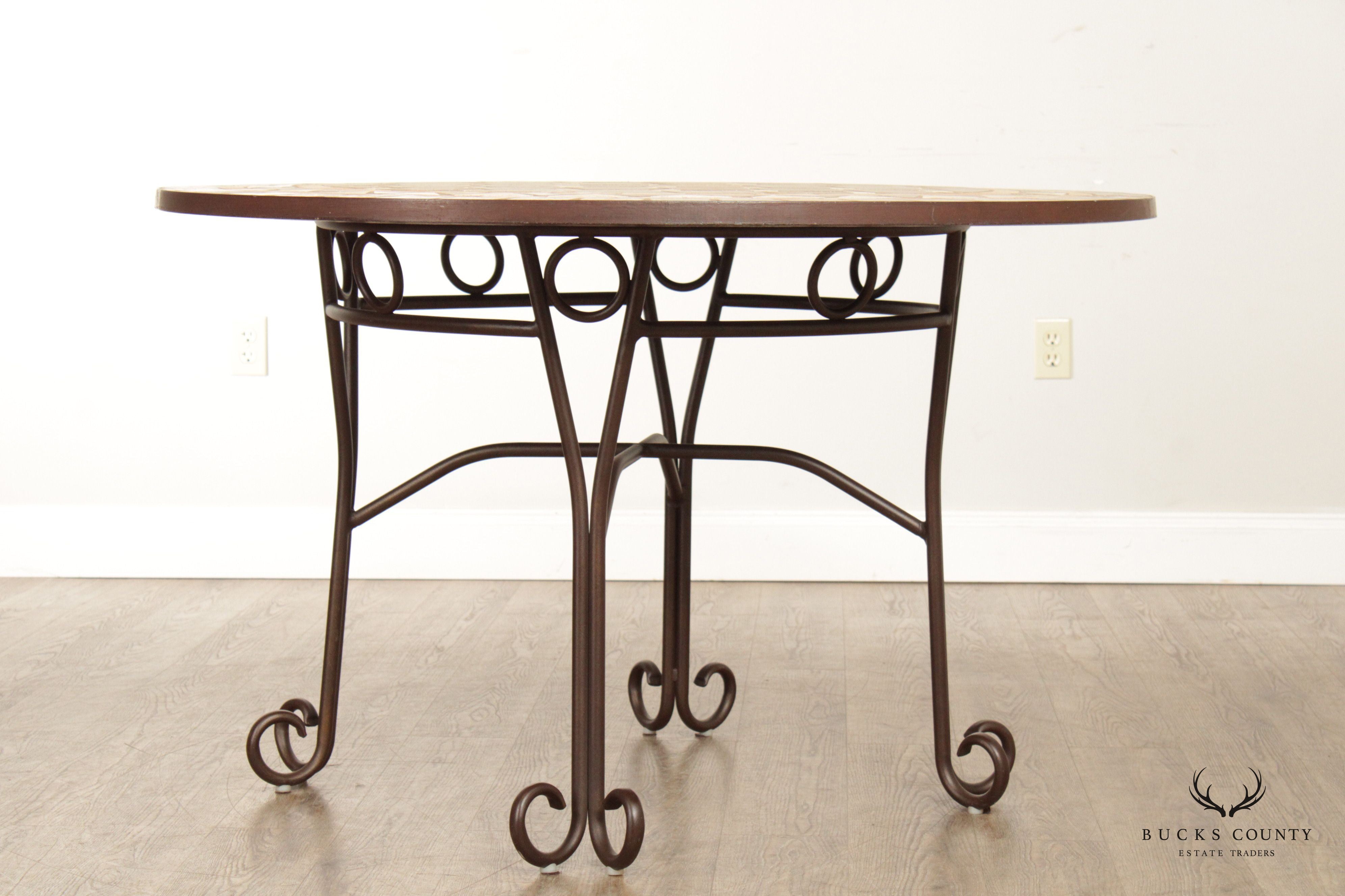 Tuscan Style Mosaic Stone & Wrought Iron Round Dining Table