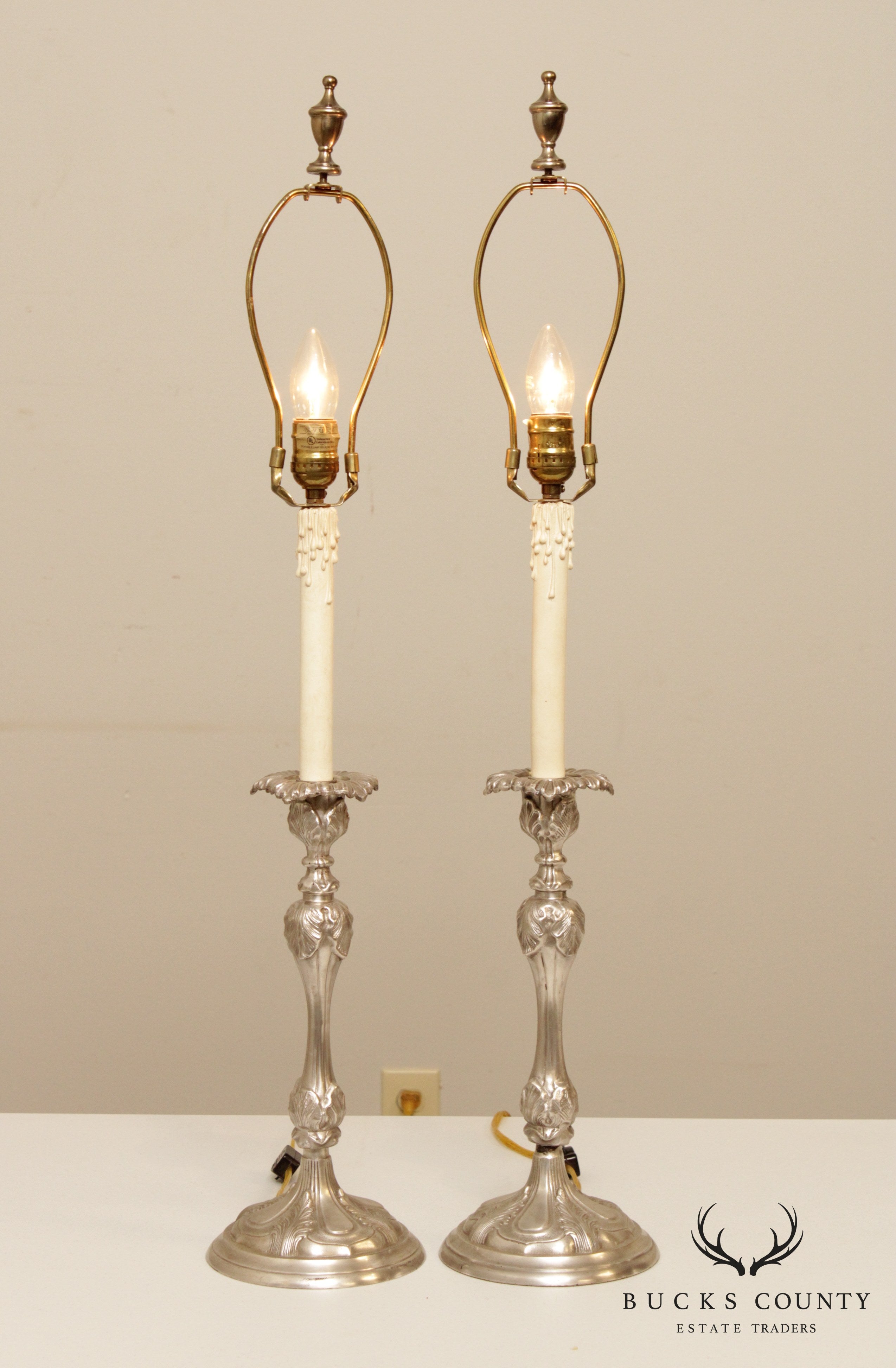 Rococo Style Pair Silvered Brass Candlestick Table Lamps