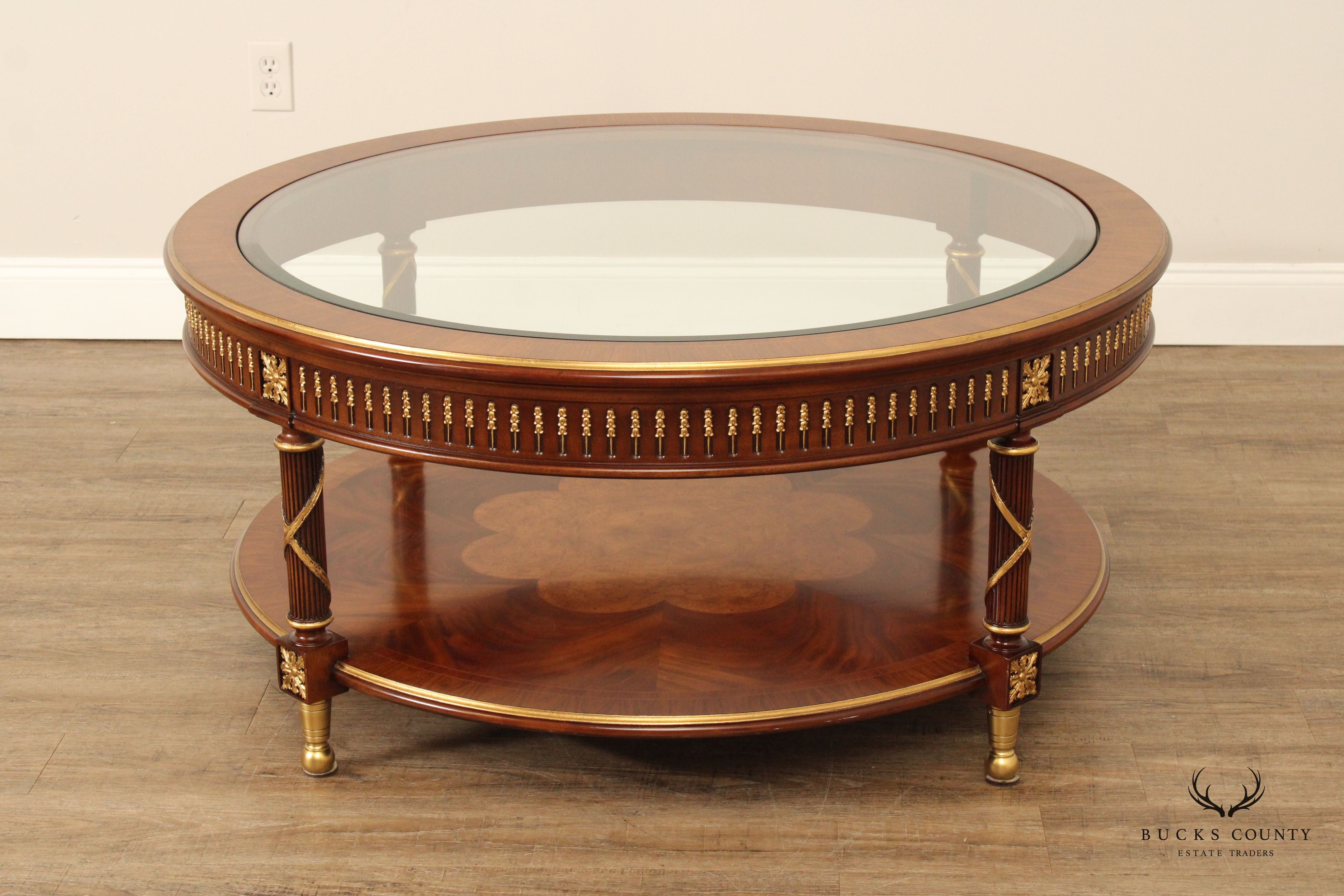 EJ Victor Regency Style Round Glass Top Mahogany Coffee Table