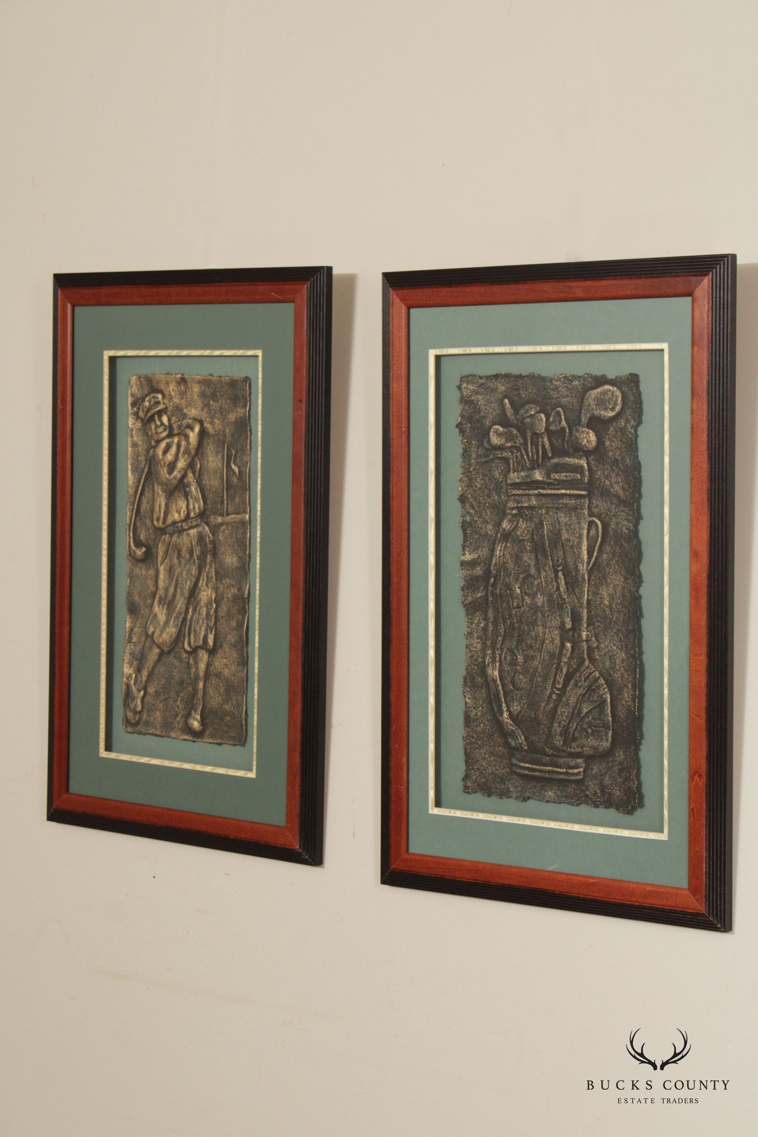 Frank Walcutt Vintage Golf Theme Pair Plaster Relief Prints, Custom Framed