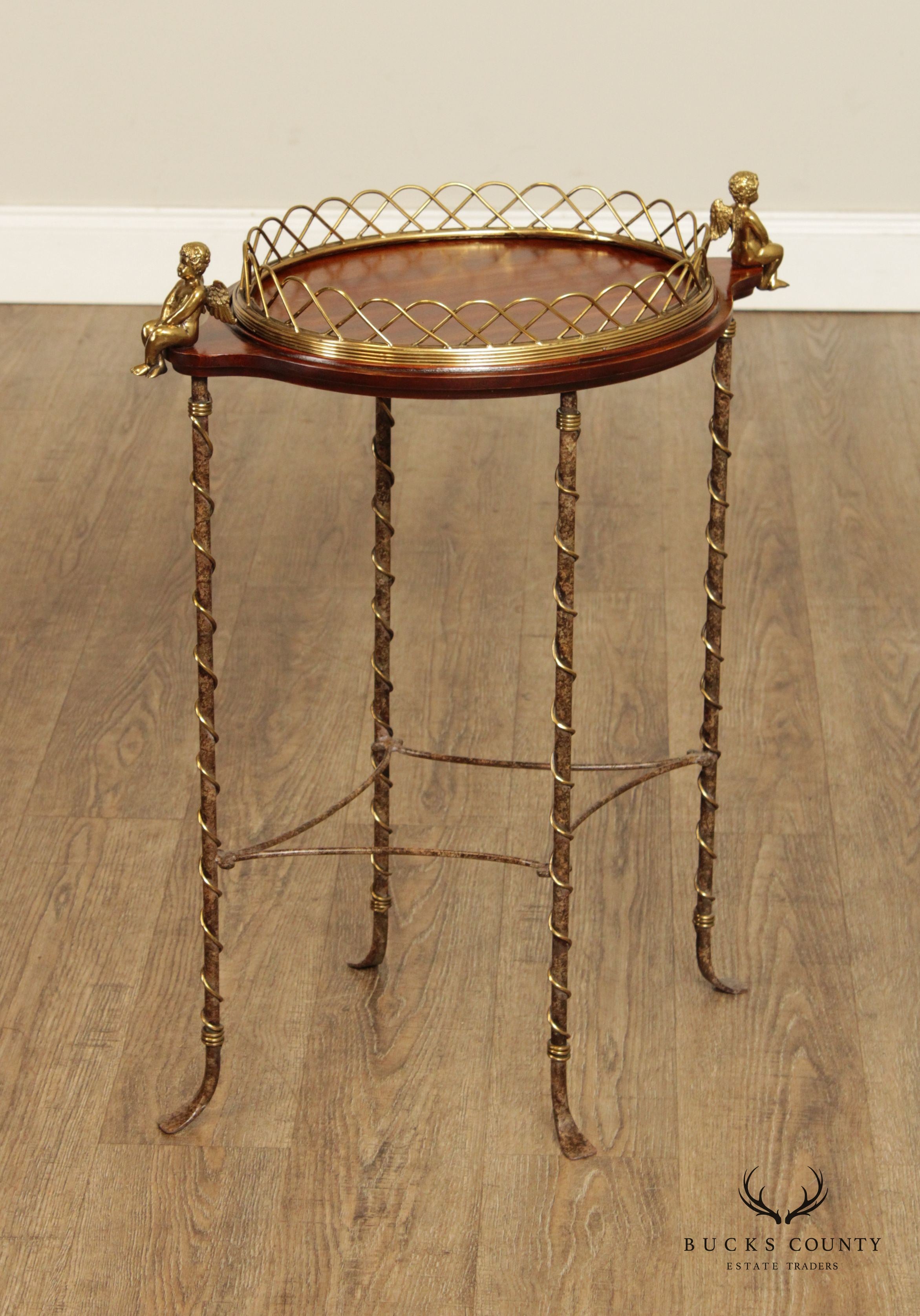 LaBarge Regency Style Mahogany and Brass Cherub Oval Plant Stand