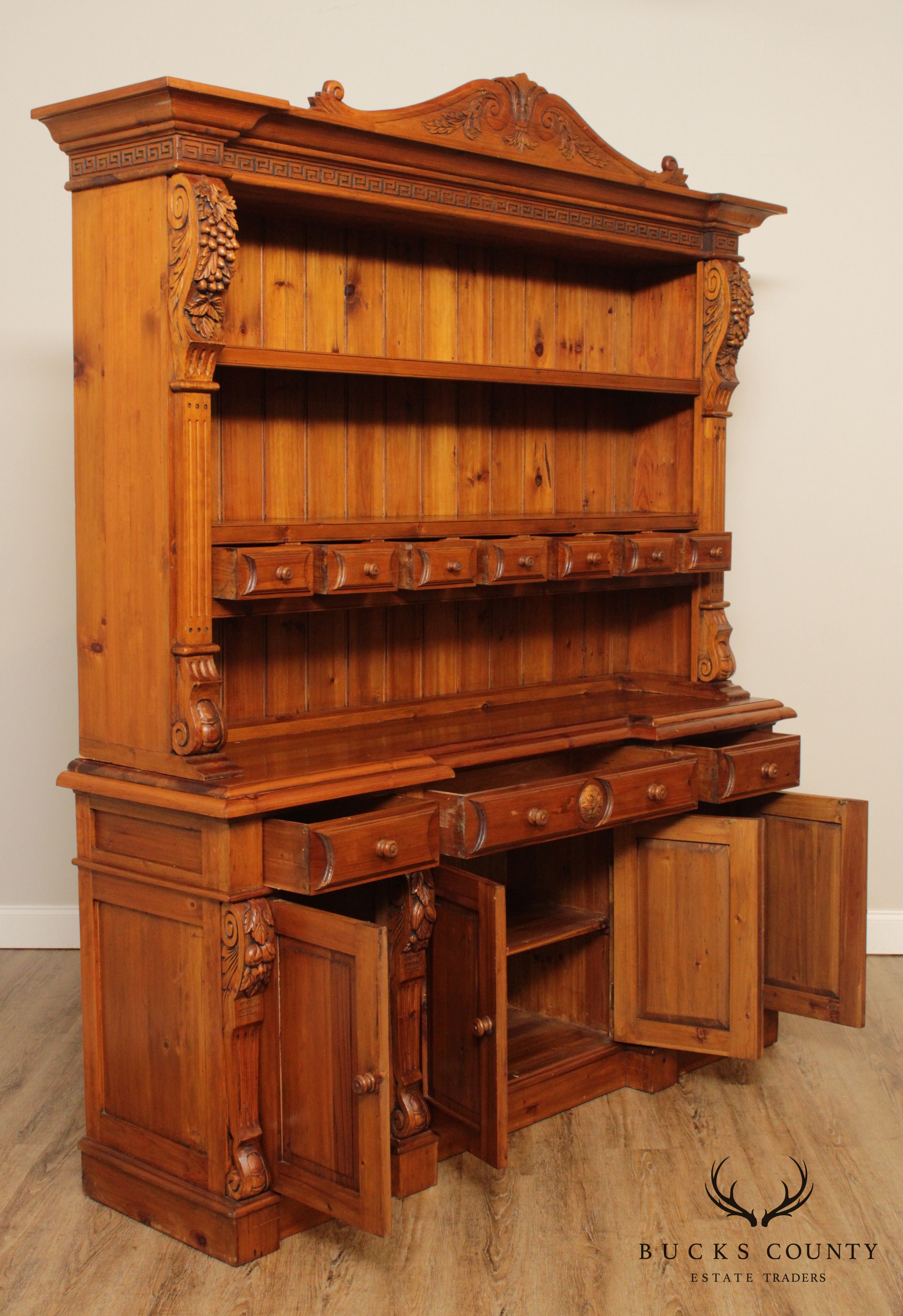 Large Custom Quality Carved Pine Step Back Hutch