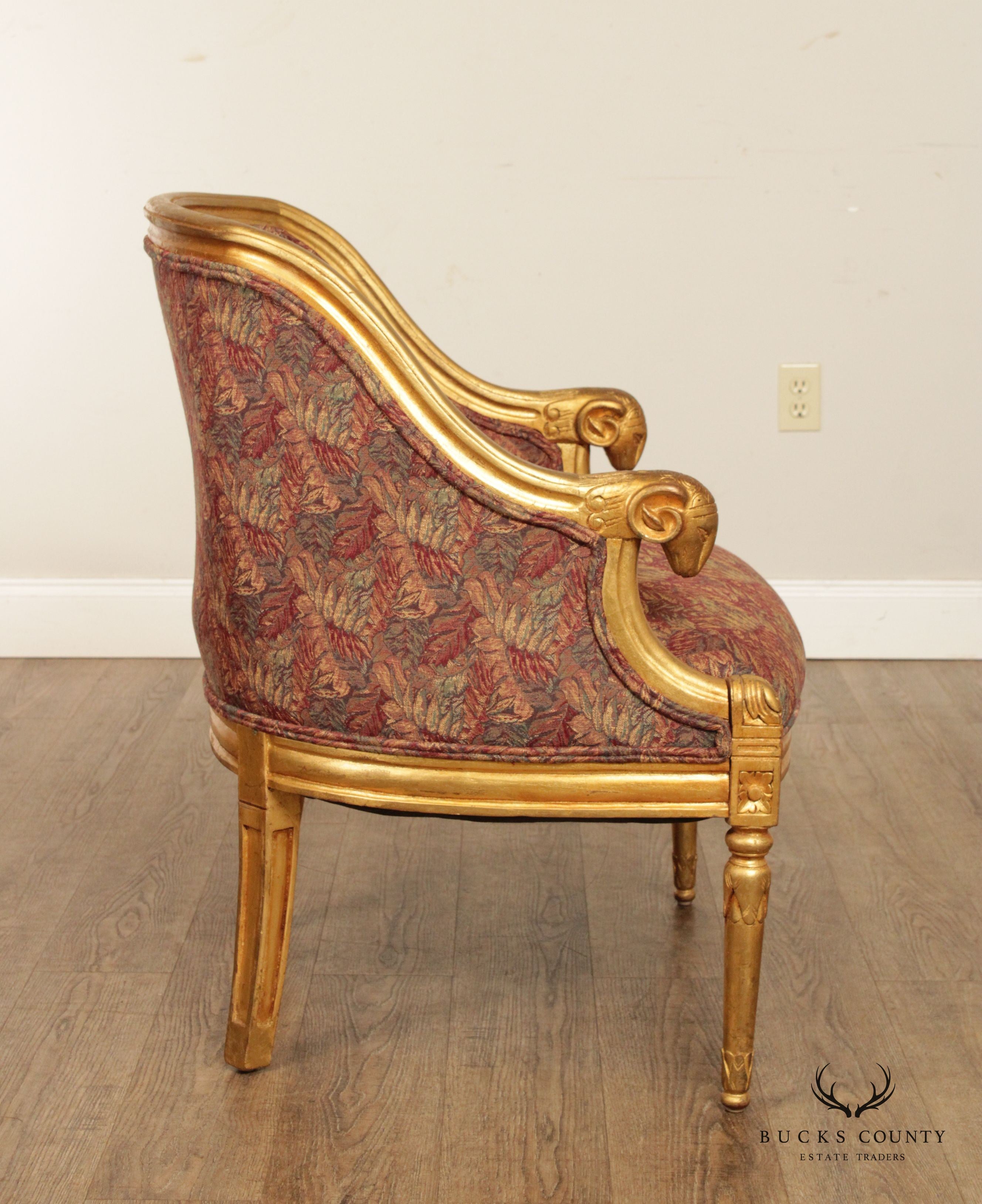 French Empire Style Gilt Rams Head Pair Barrel Club Chairs