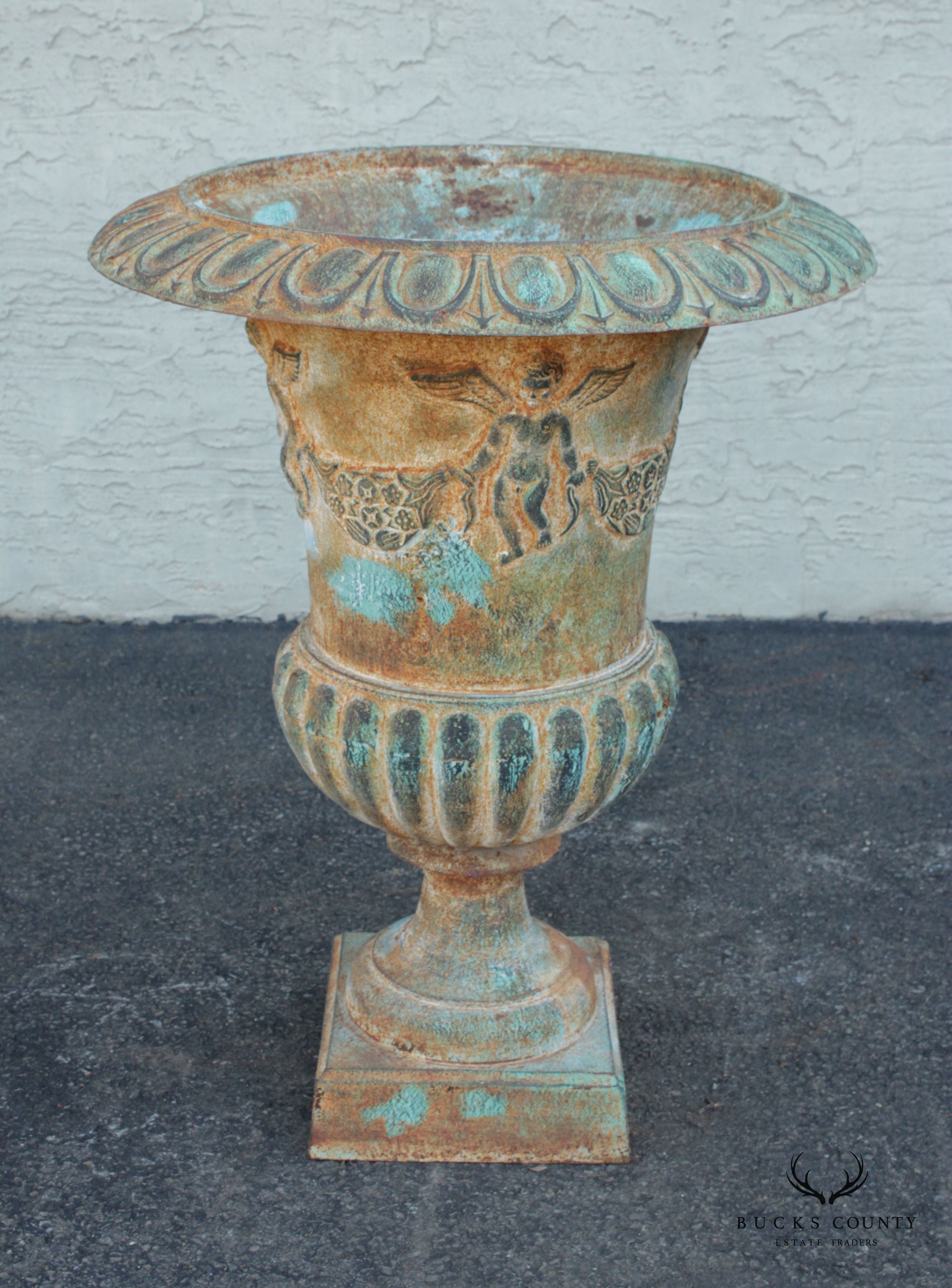French Style Large Verdigris Cast Iron Garden Urn Planter