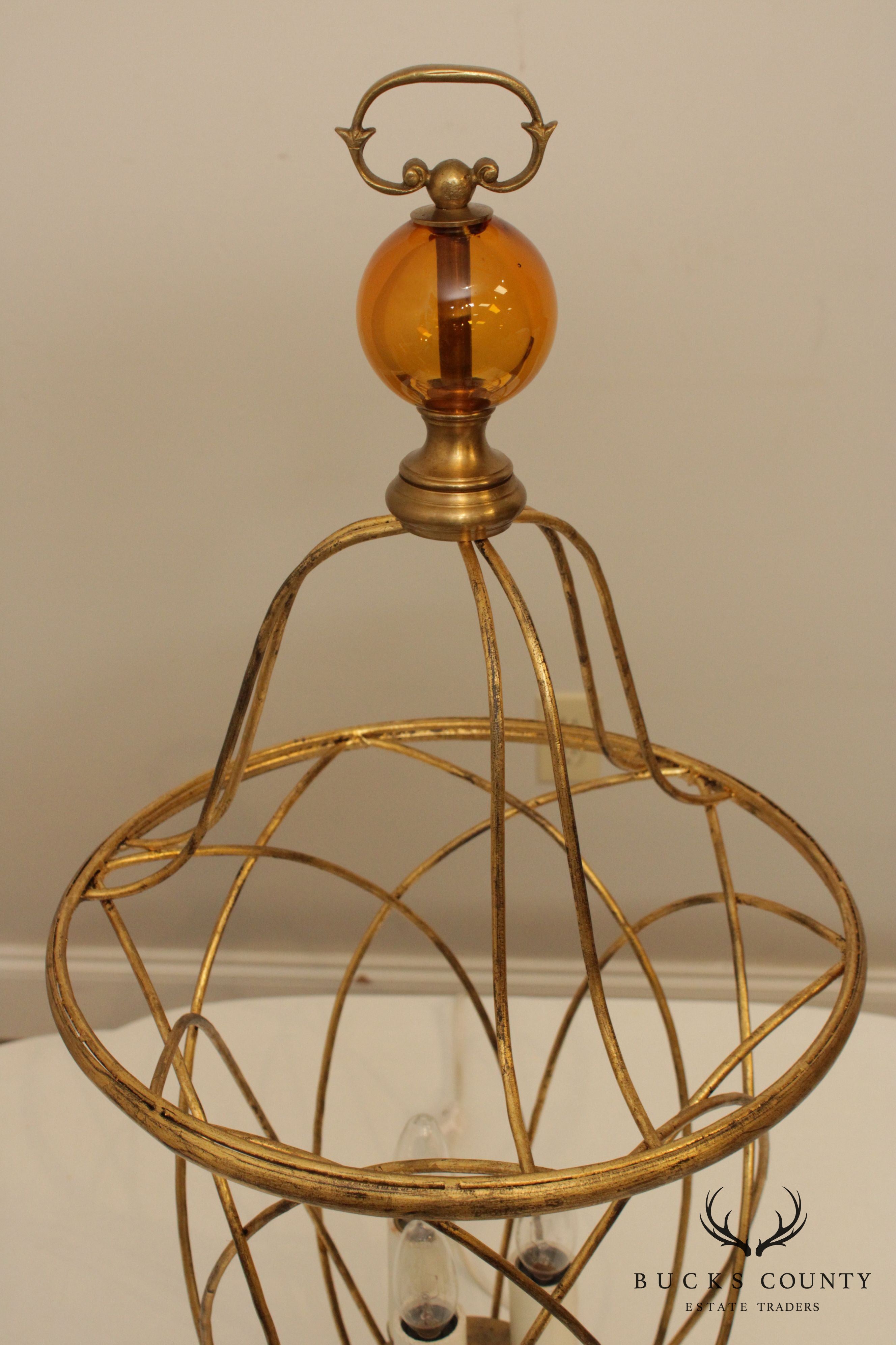Italian Hollywood Regency Gilt Metal & Amber Crystal Lantern Light