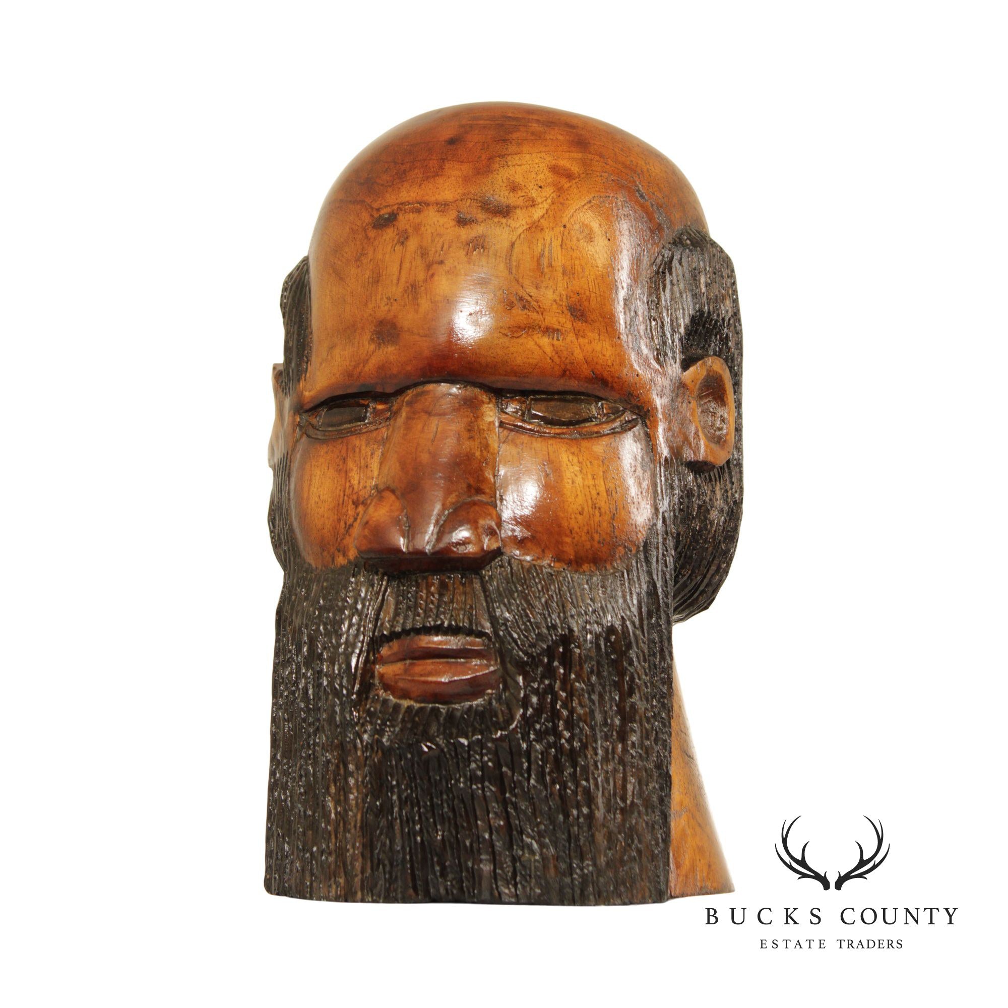 Folk Art Vintage Carved Wood Bust of Bearded Man