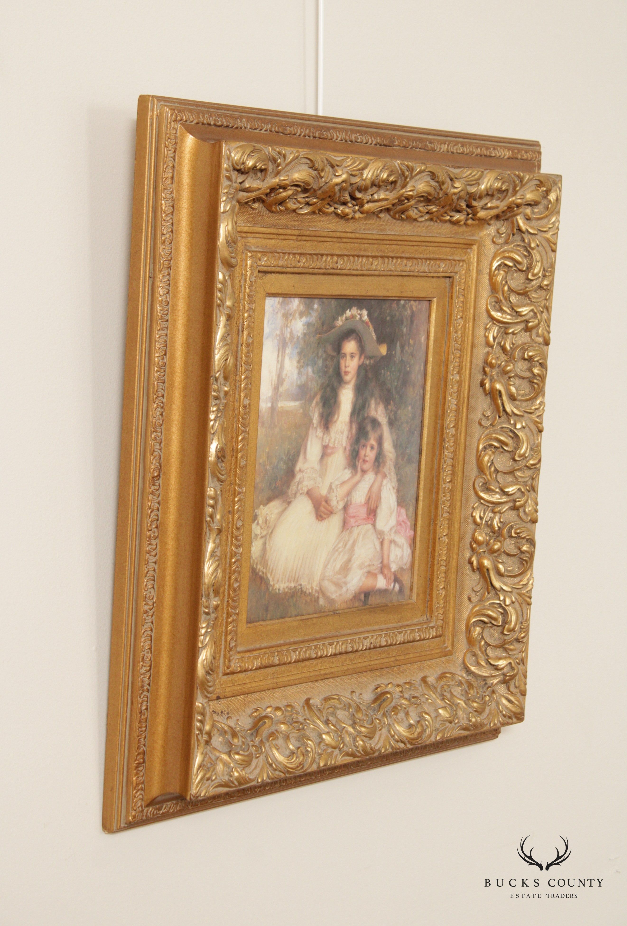 Vintage Framed Victorian Portrait of Two Sisters Fine Art Print, After Robert Edward Morrison