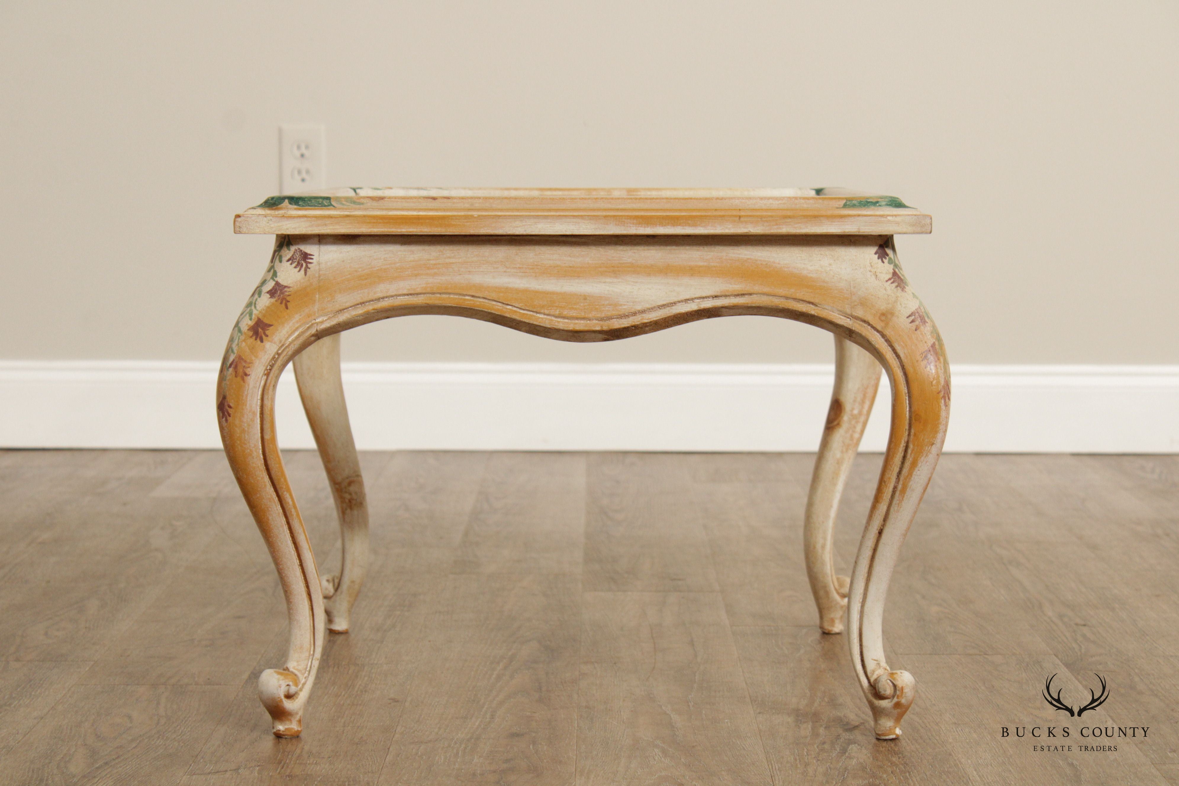 French Style Pair Paint Decorated Glass Top End Tables