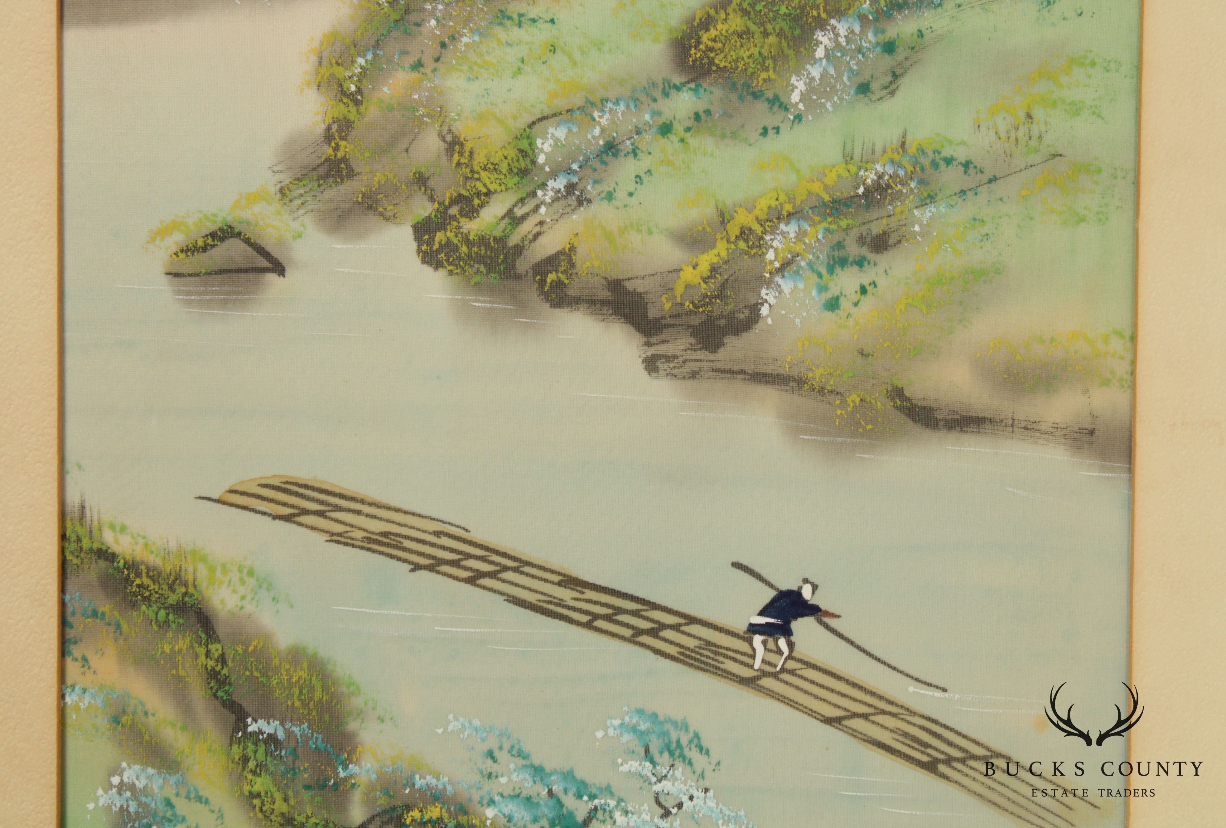 Vintage Chinese Mountain Landscape Watercolor Silk Painting