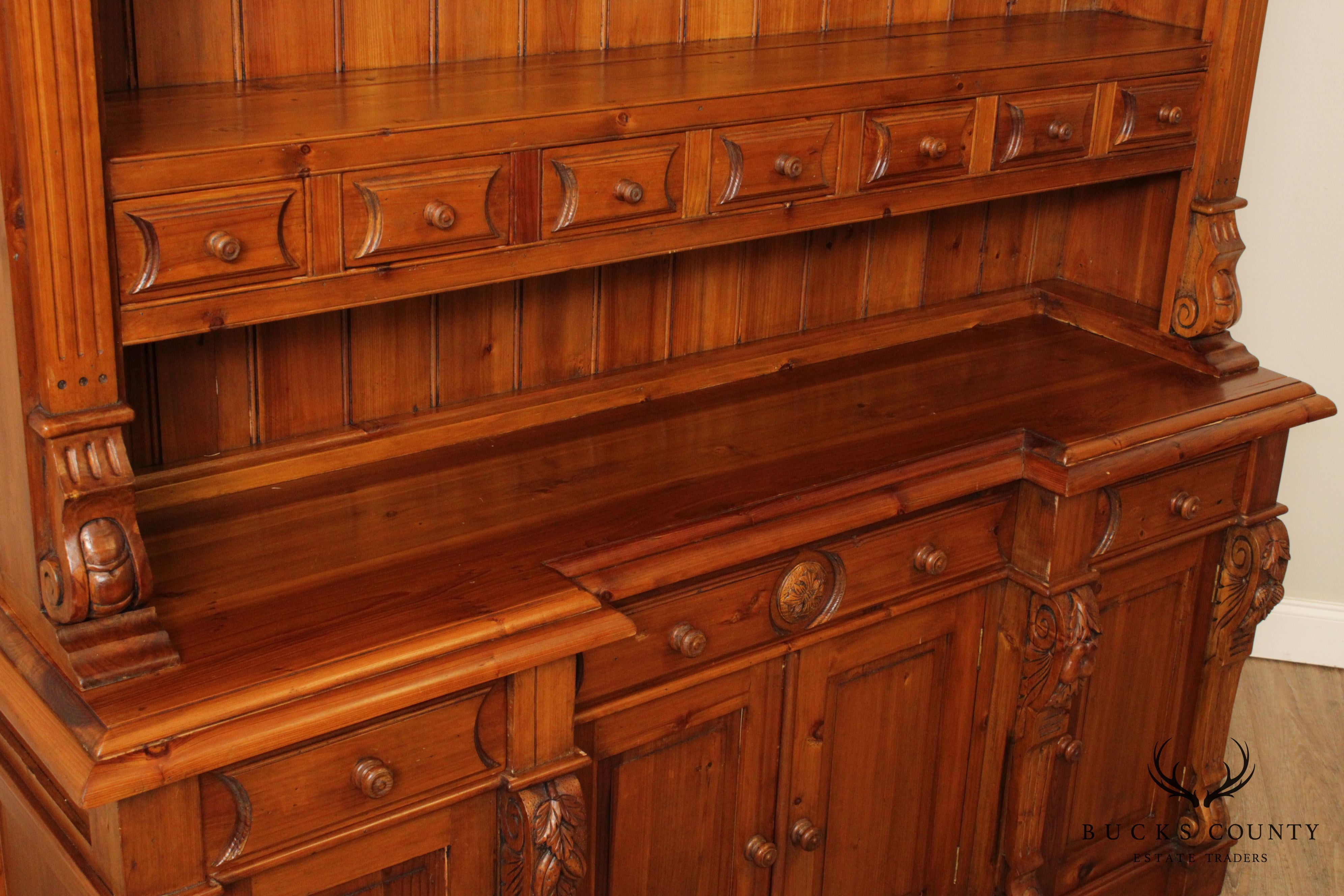 Large Custom Quality Carved Pine Step Back Hutch
