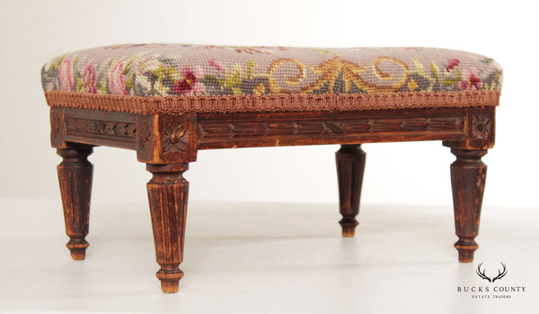 Needlepoint Upholstered Antique 1900 Maple Footstool