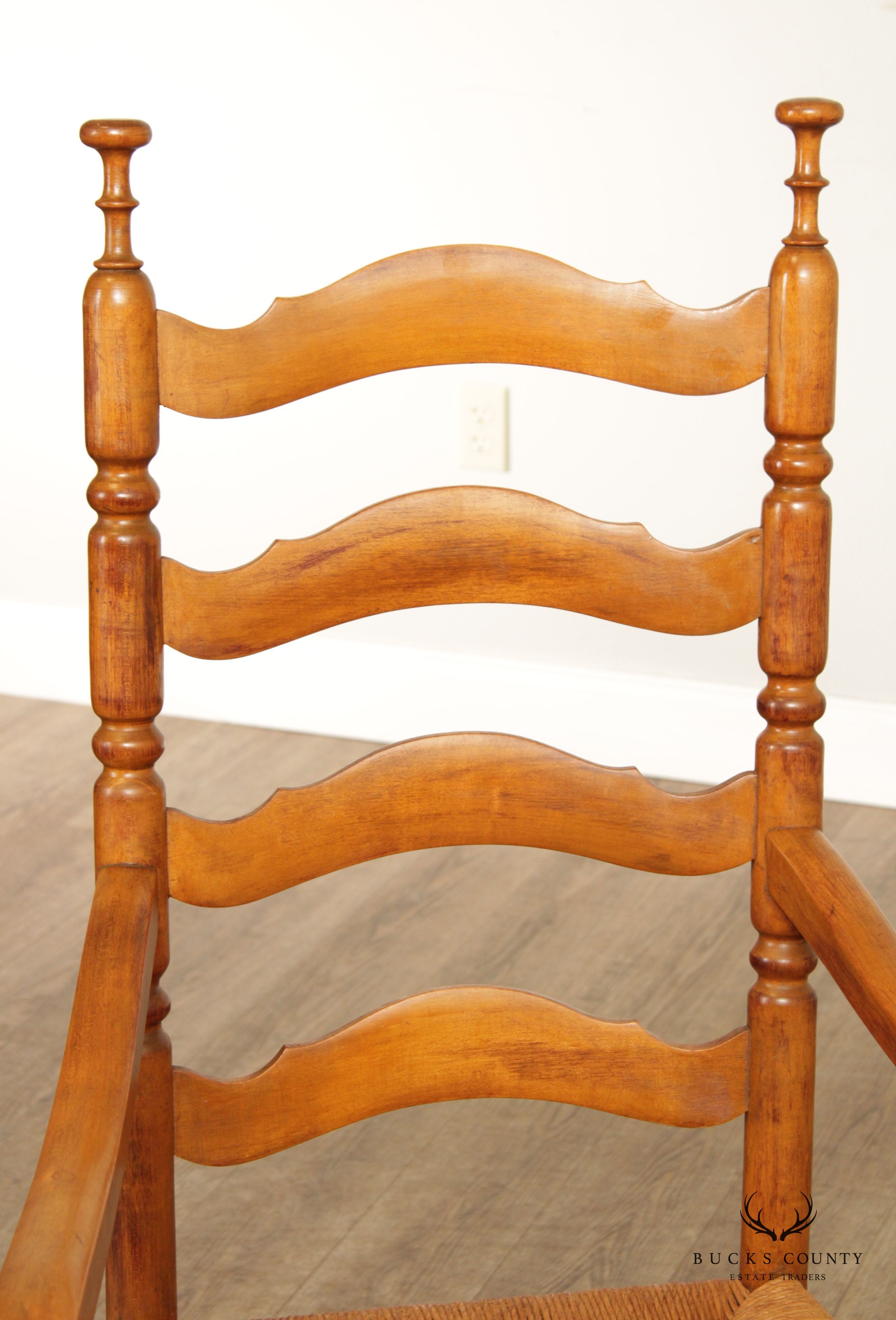 Antique Set of Four Delaware Valley Ladderback Rush Seat Armchairs
