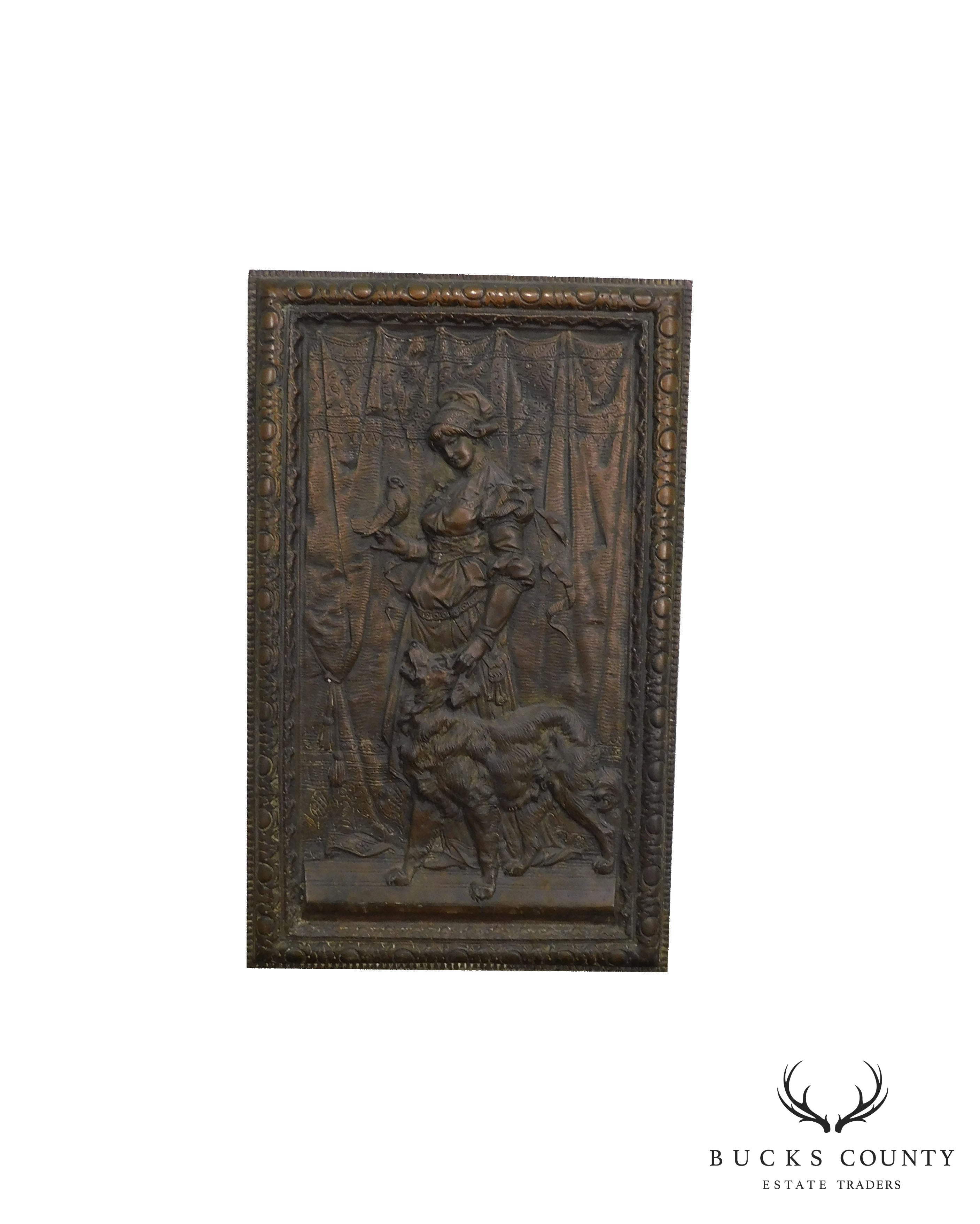 Antique Cast Iron European Relief Wall Plaque of Woman with Dog and Bird
