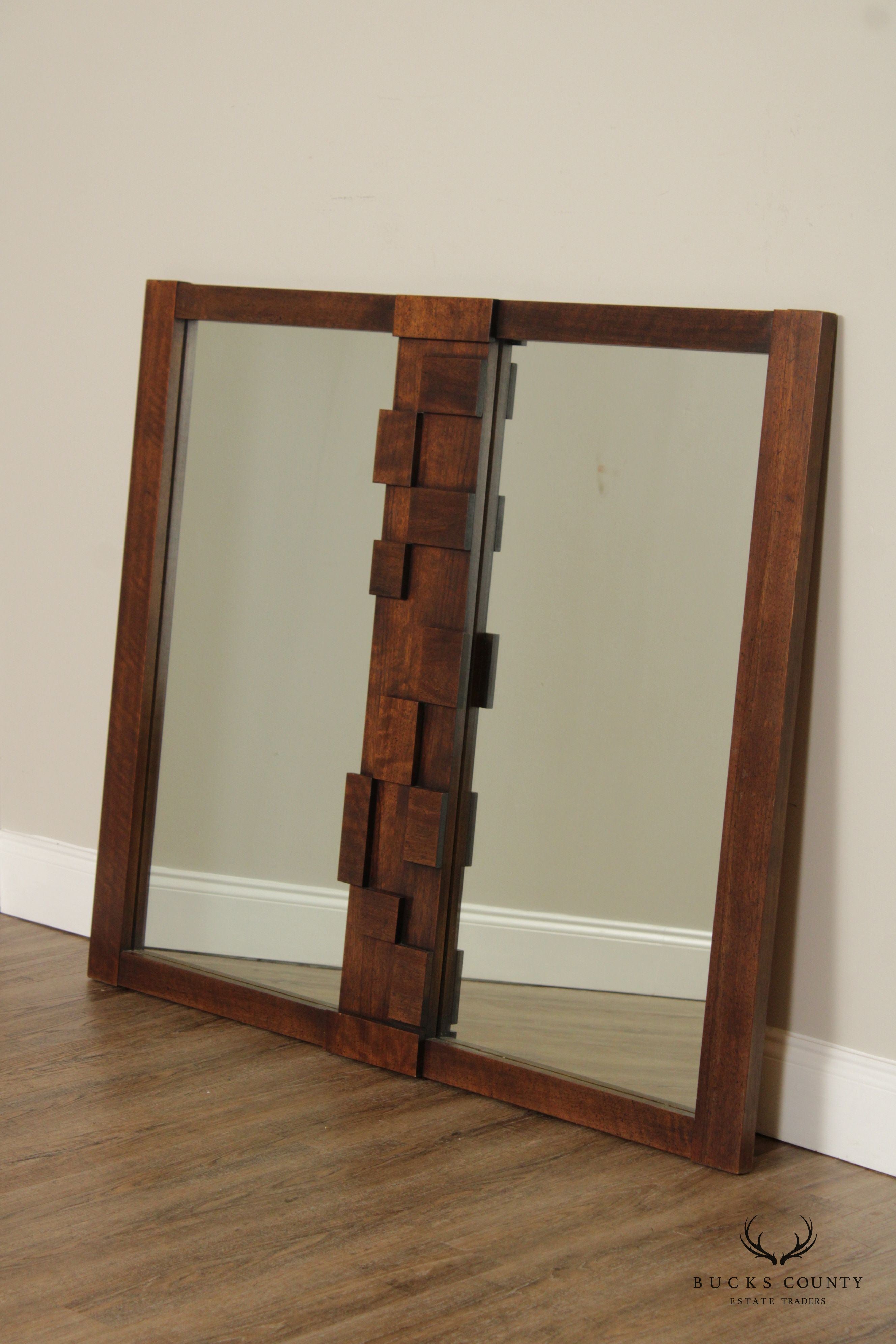 LANE VINTAGE BRUTALIST MID CENTURY WALNUT STACCATO DOUBLE MIRROR