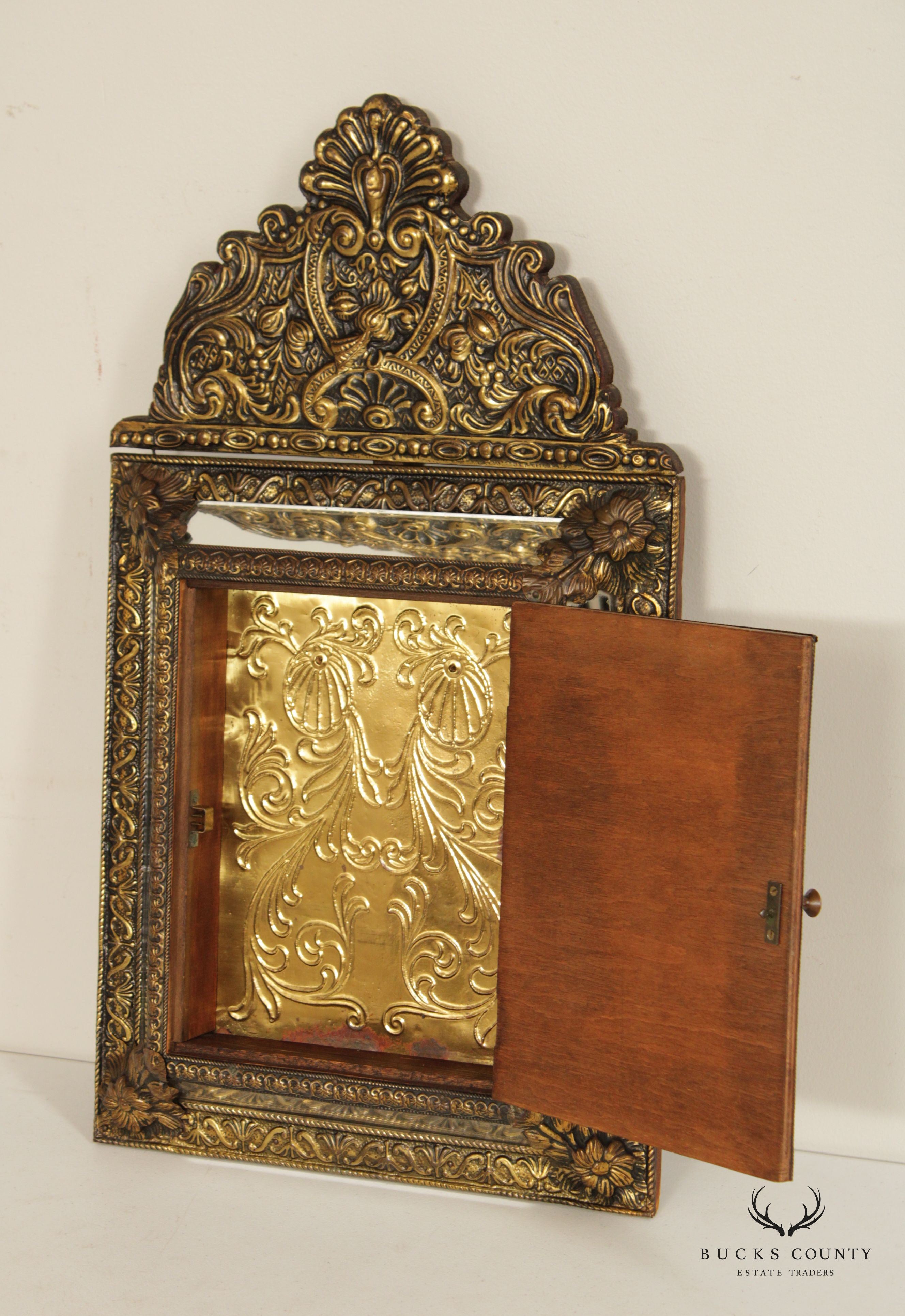 Antique French Repousse Brass Wall Mirror Cabinet