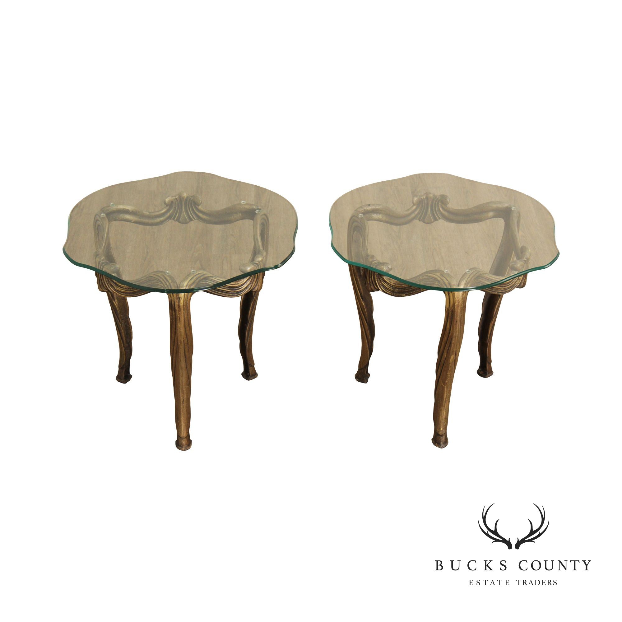 Hollywood Regency Pair of Gilt Metal and Glass Side Tables