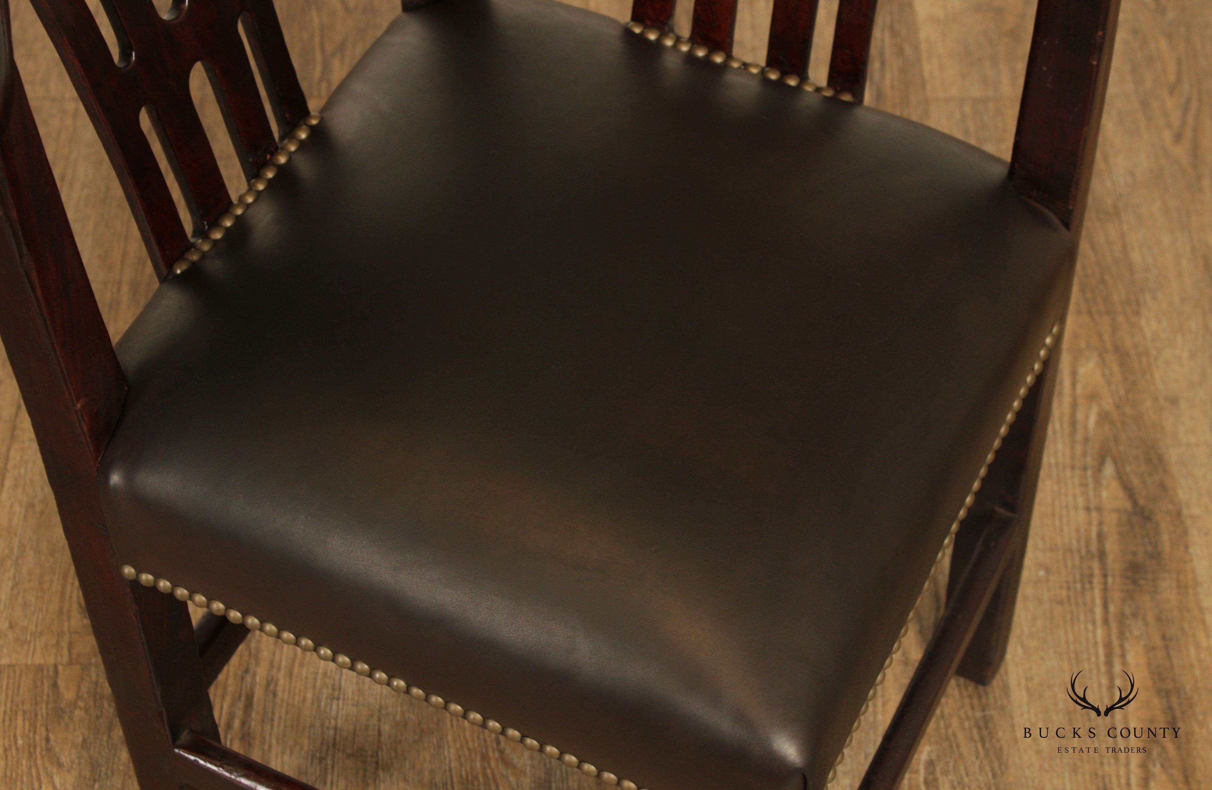 Antique 18th Century English Chippendale Style Pair of Mahogany and Leather Corner Chairs