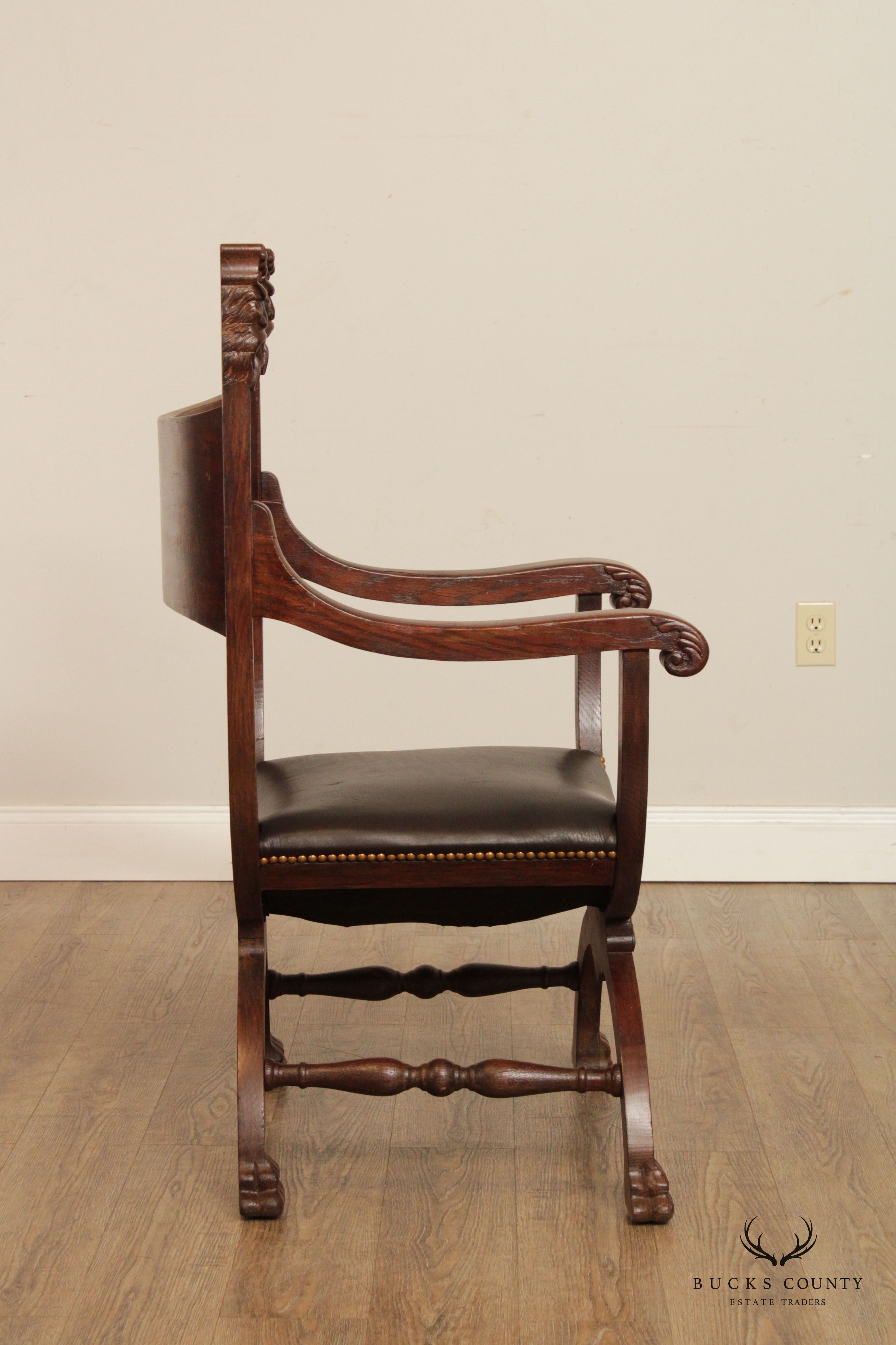 Antique Renaissance Revival Oak Carved Savonarola Armchair
