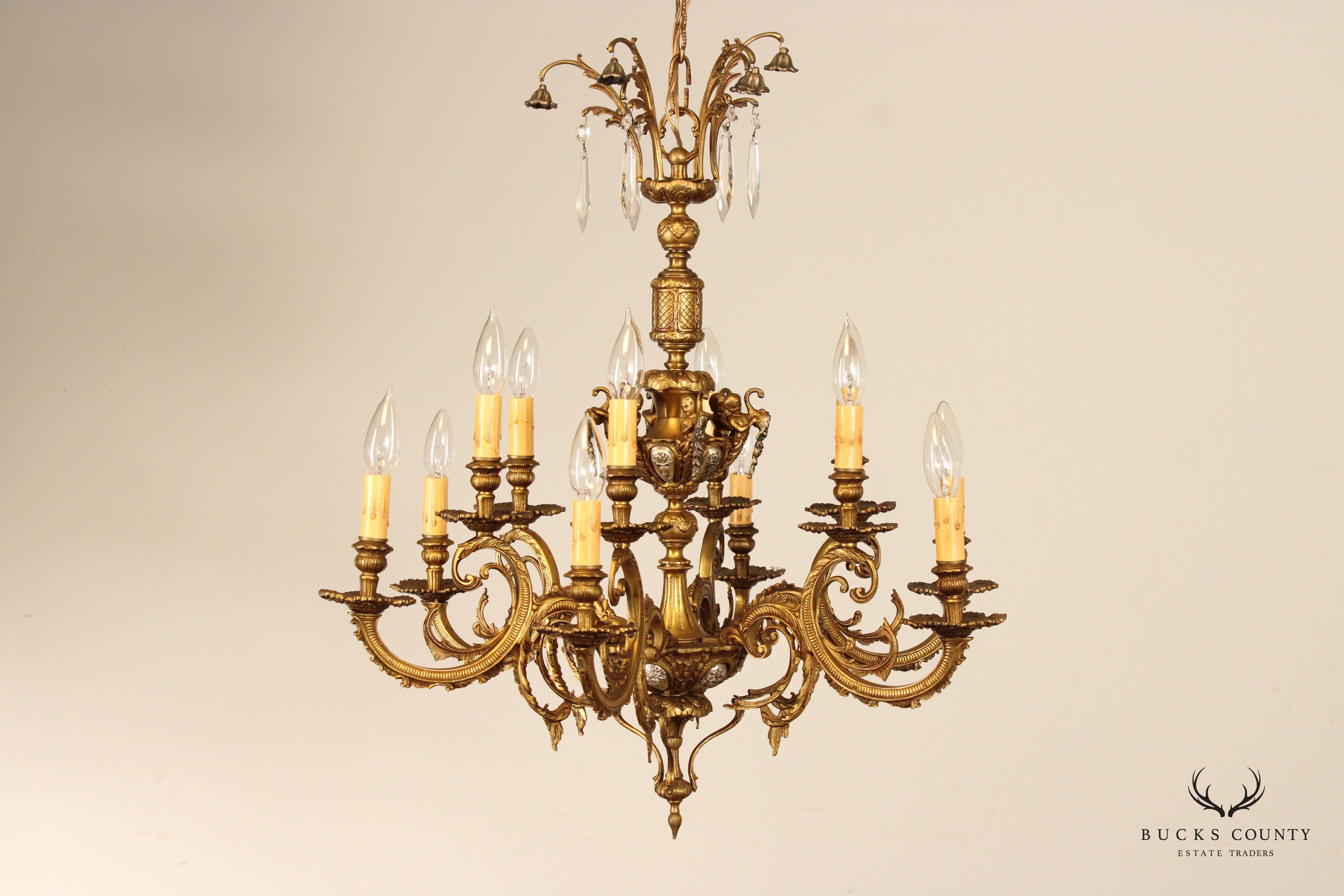 French Louis XIV Style Vintage Gilt Metal Twelve-Light Chandelier