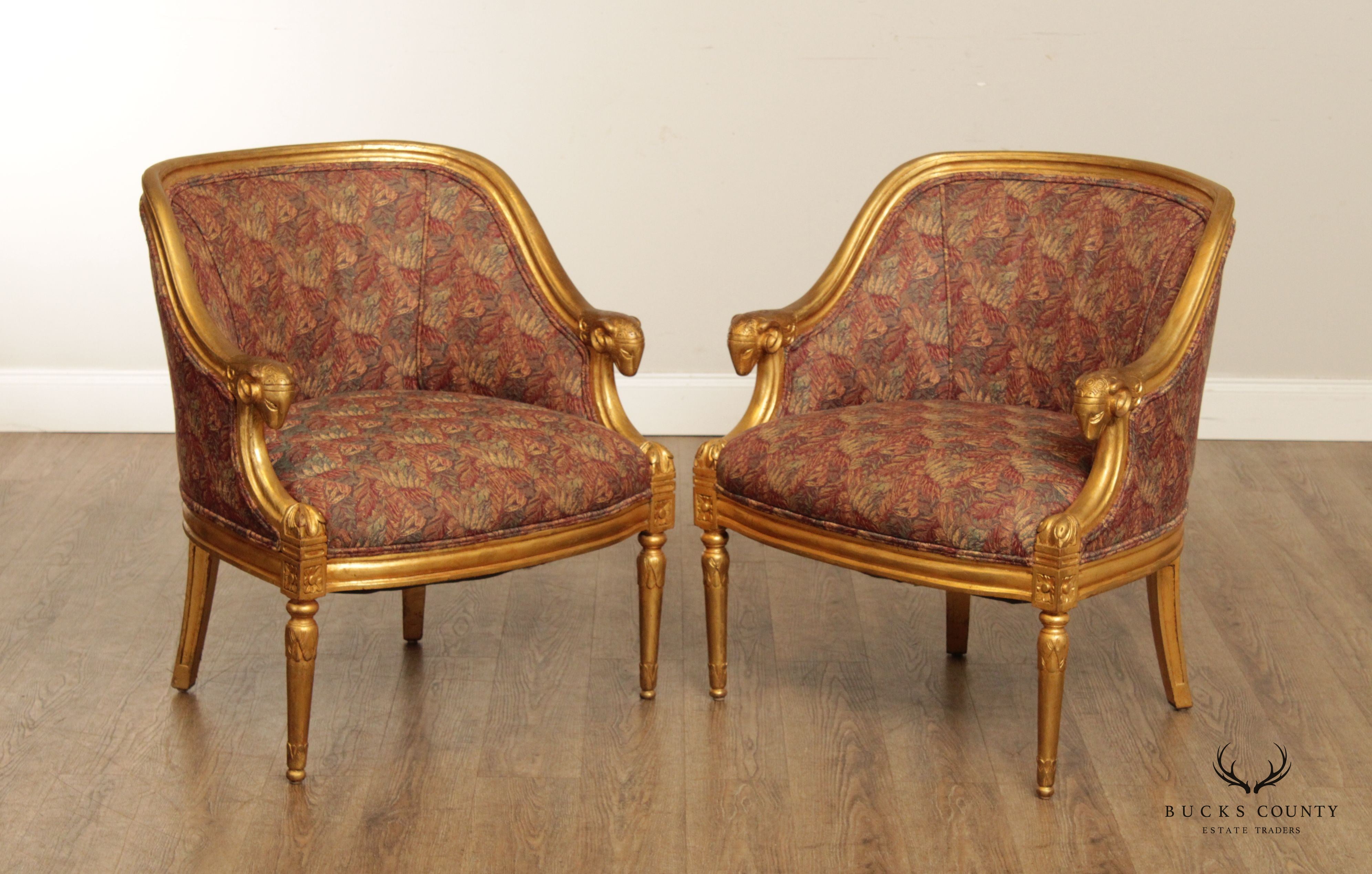 French Empire Style Gilt Rams Head Pair Barrel Club Chairs