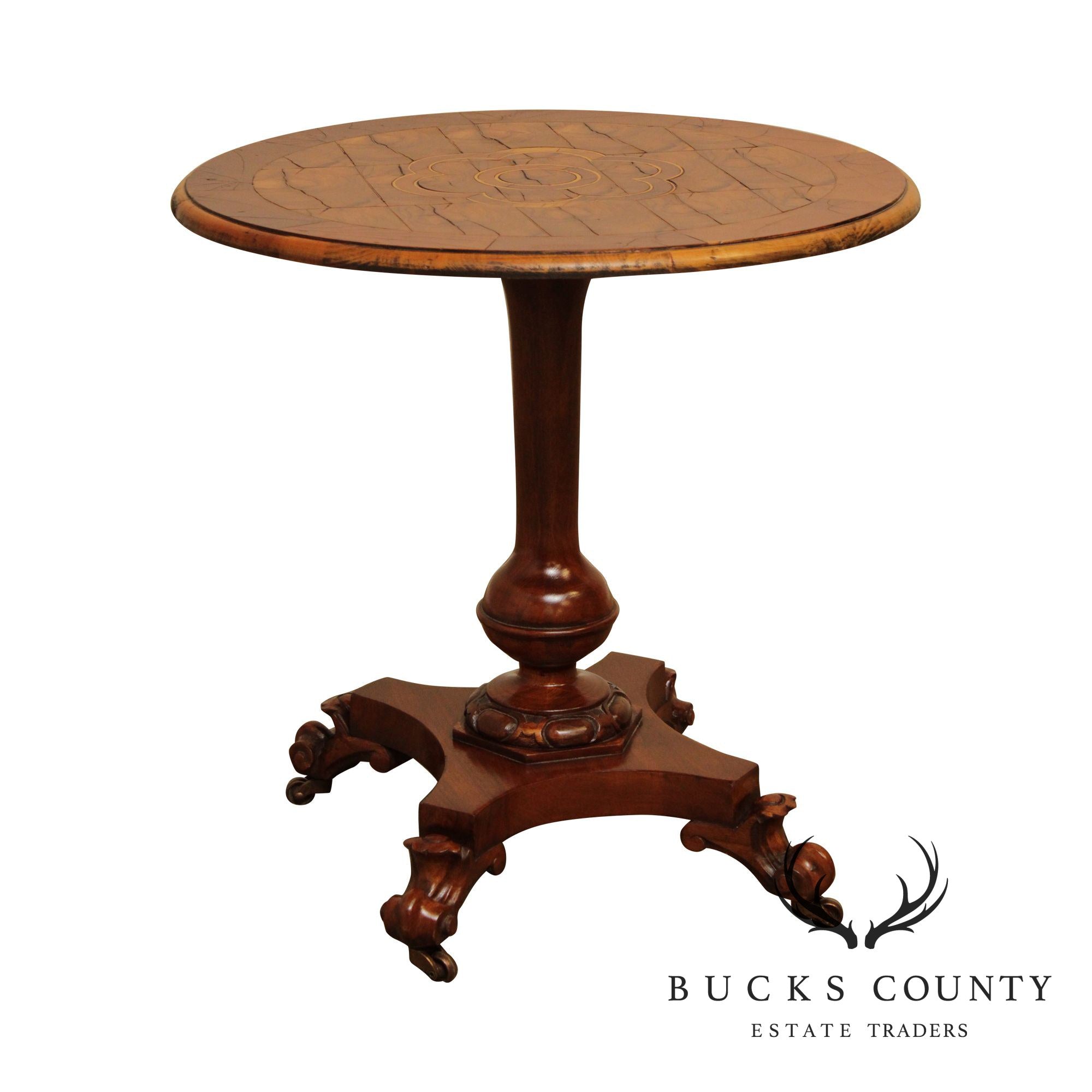 Empire Style Round Oyster Wood Inlaid Pedestal Table