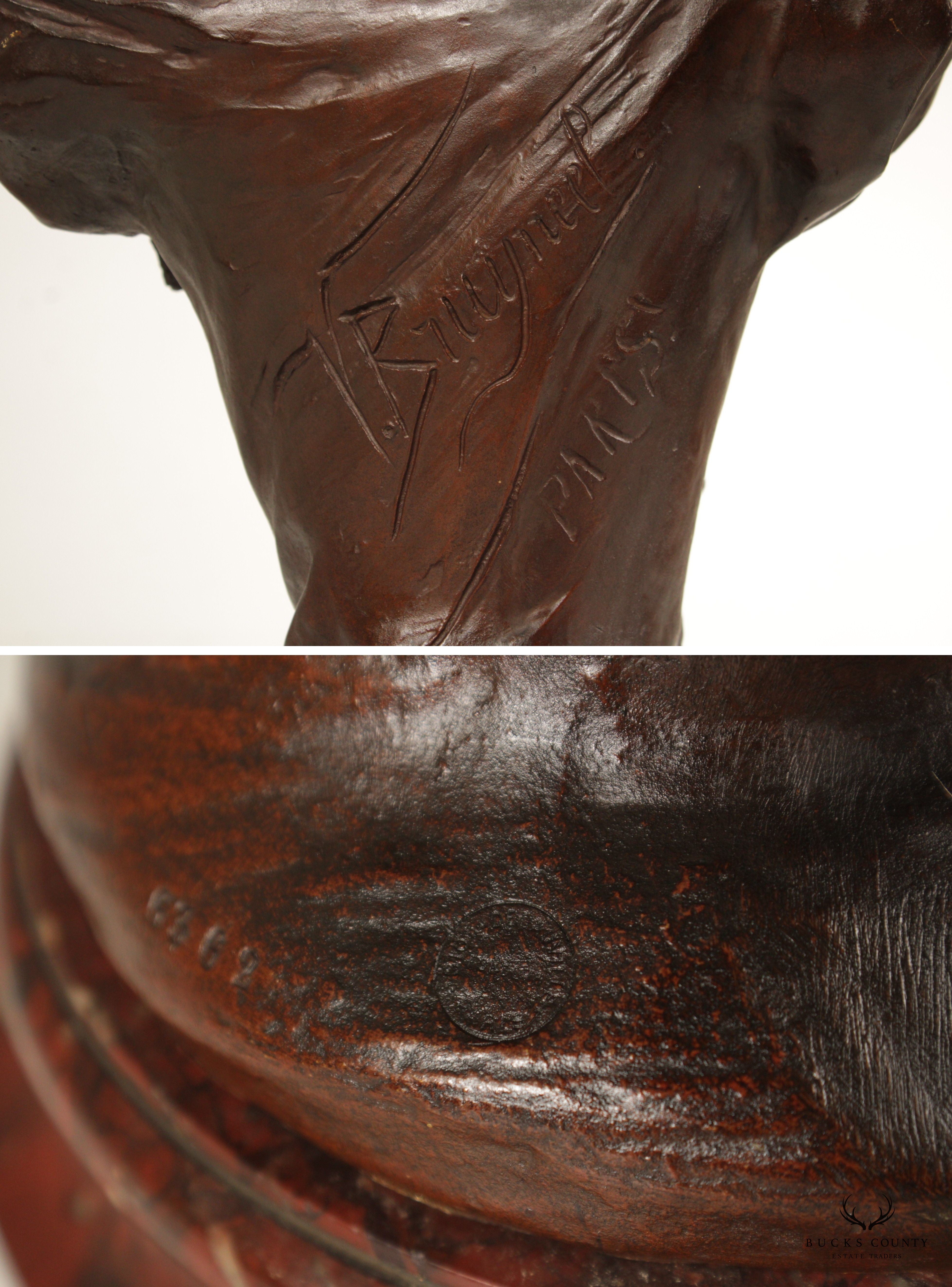 French Art Nouveau Bronze Female Bust Sculpture, After Victor Bruyneel