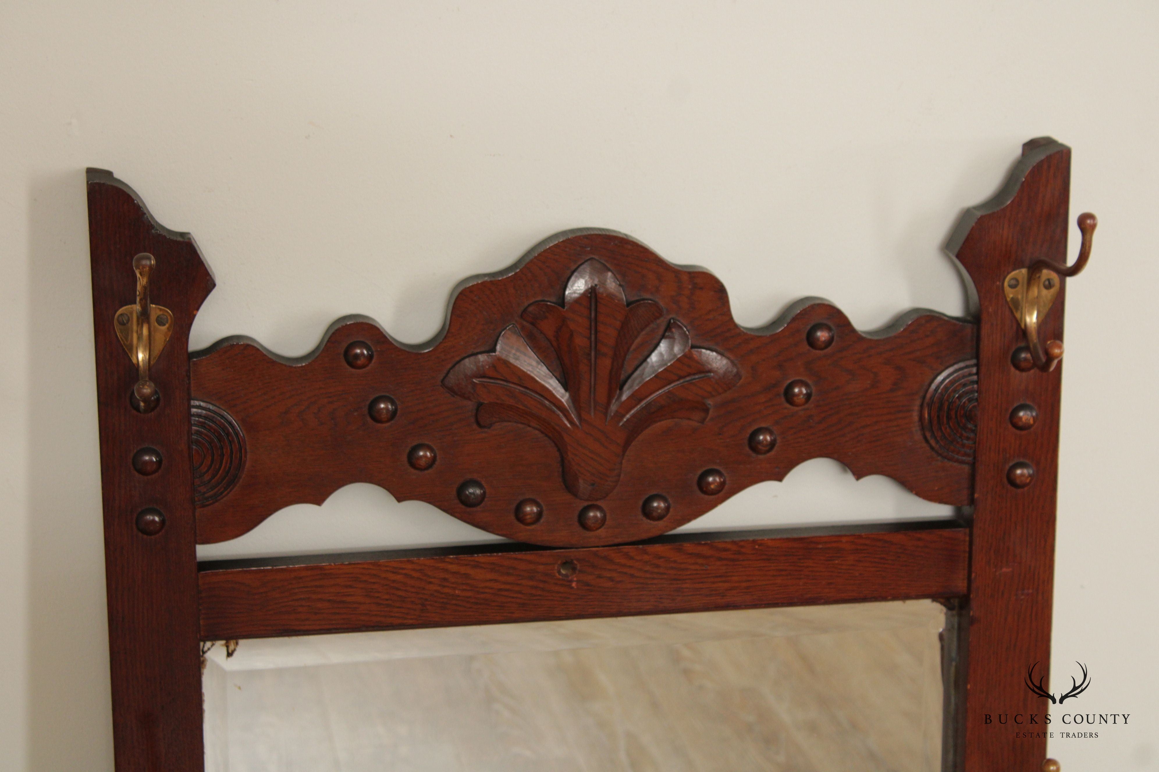 Antique Victorian Oak Hat Rack Wall Mirror