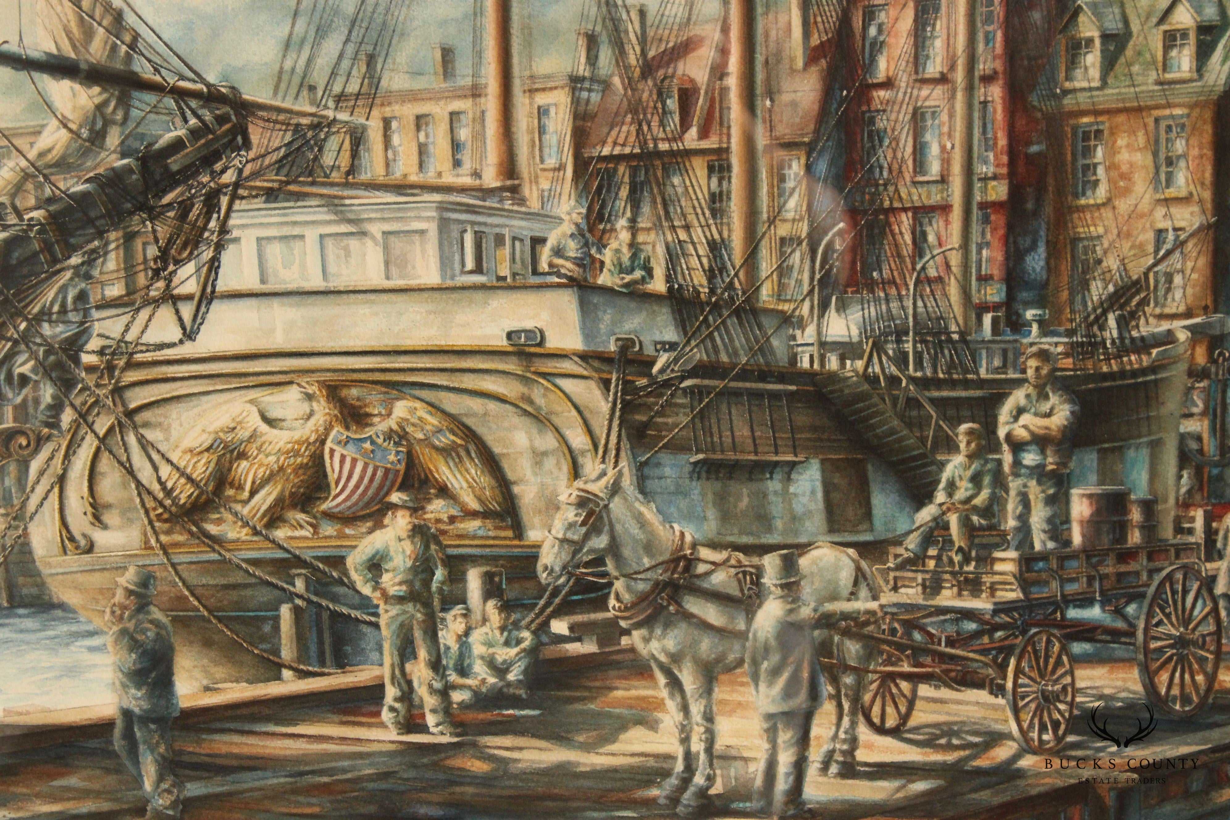 Keith Miller 1970s Ship Loading Docks Fine Art Print, Custom Framed