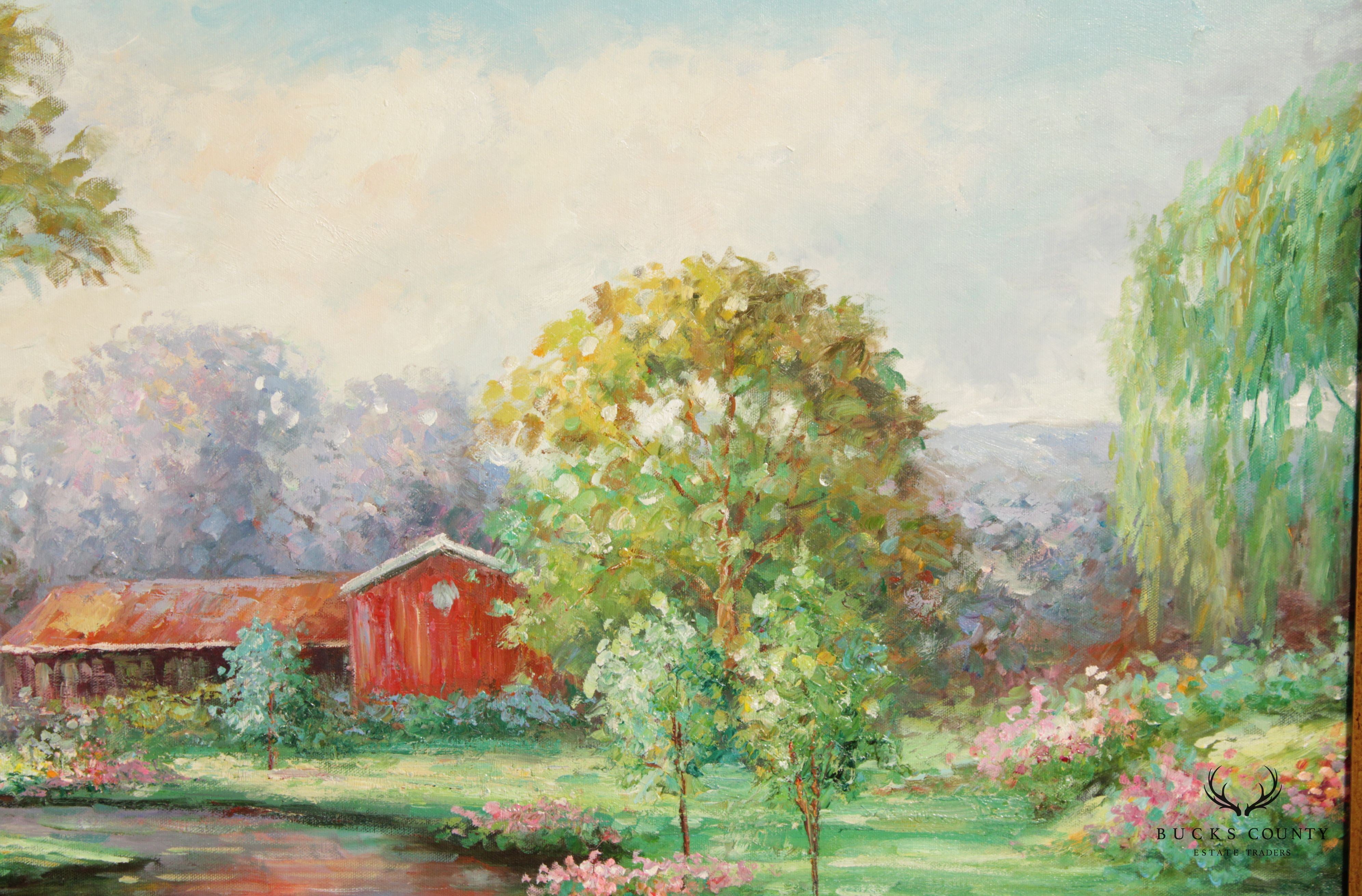 Vintage Impressionist Garden Landscape Original Oil Painting, Signed Thomas