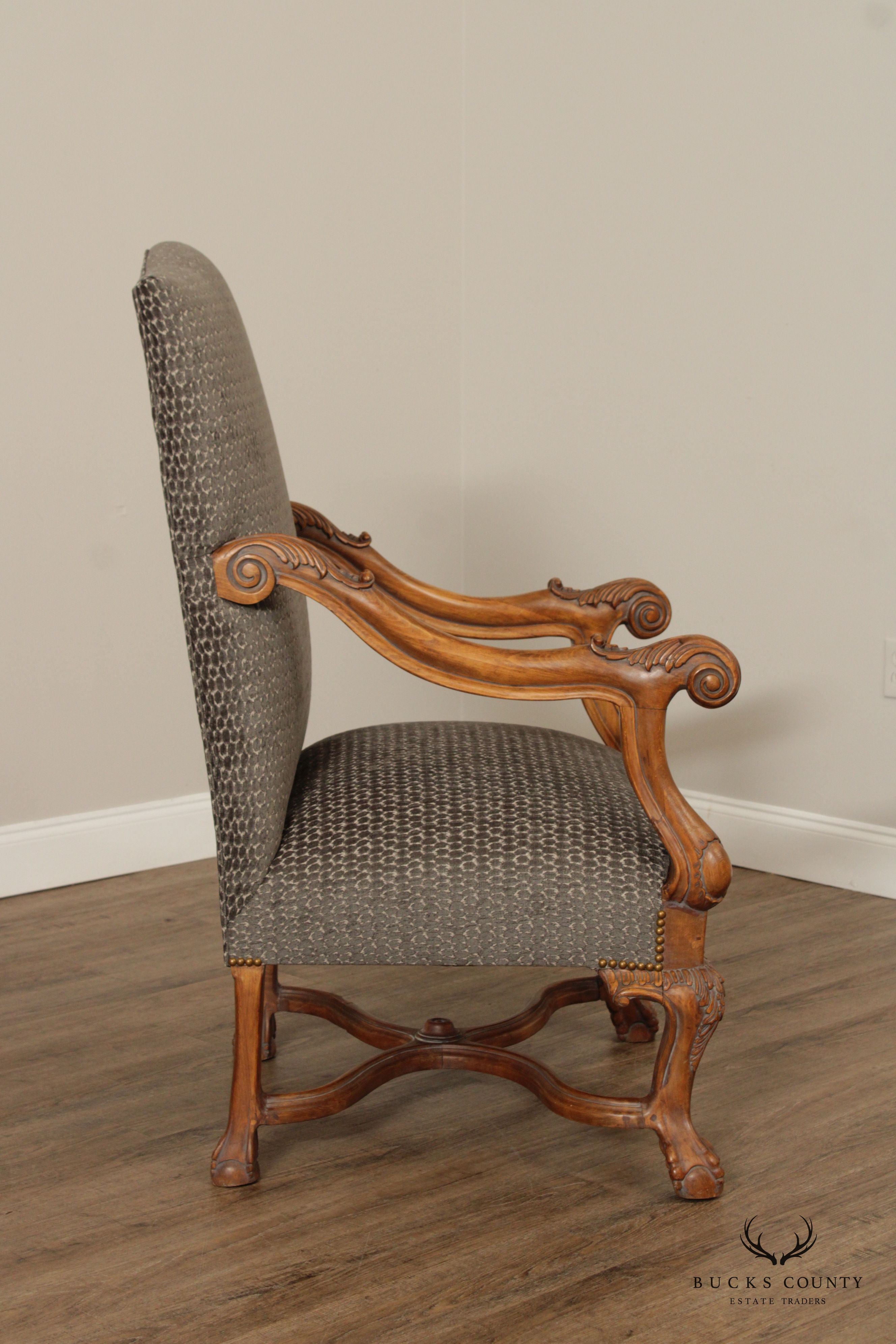 French Renaissance Revival Style Quality Pair of Carved And Upholstered Armchairs