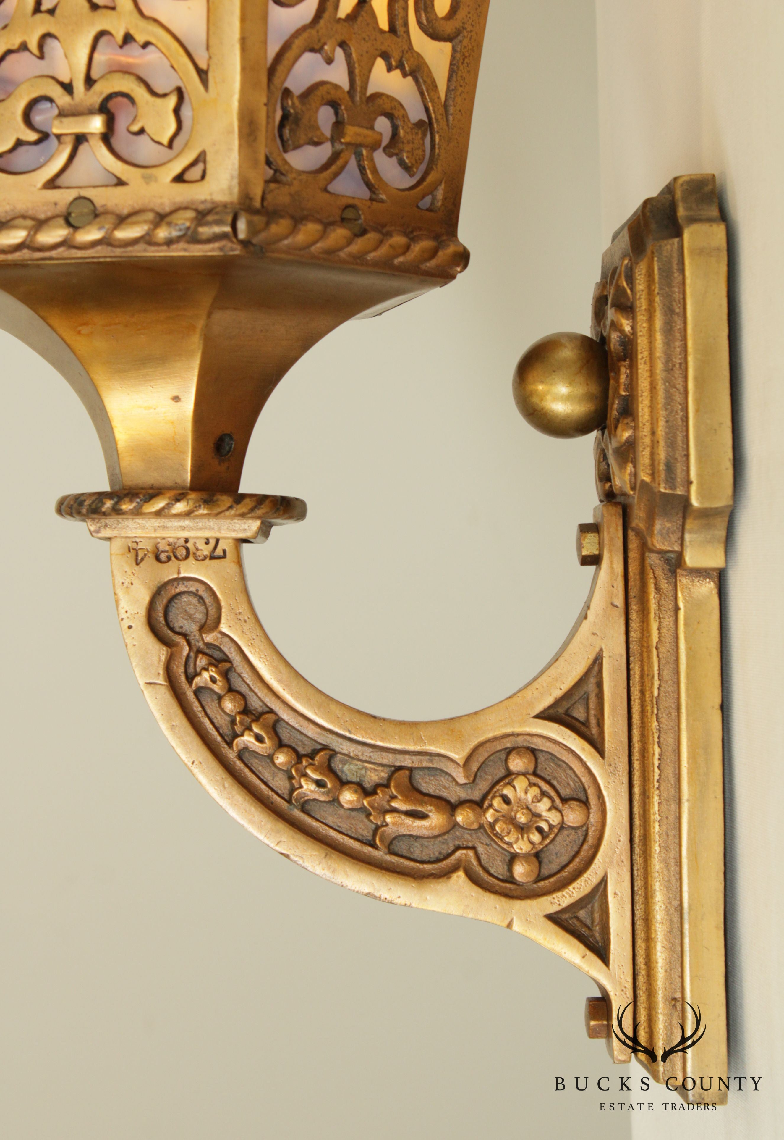 Gothic Revival Antique Pair Bronze Wall Sconces