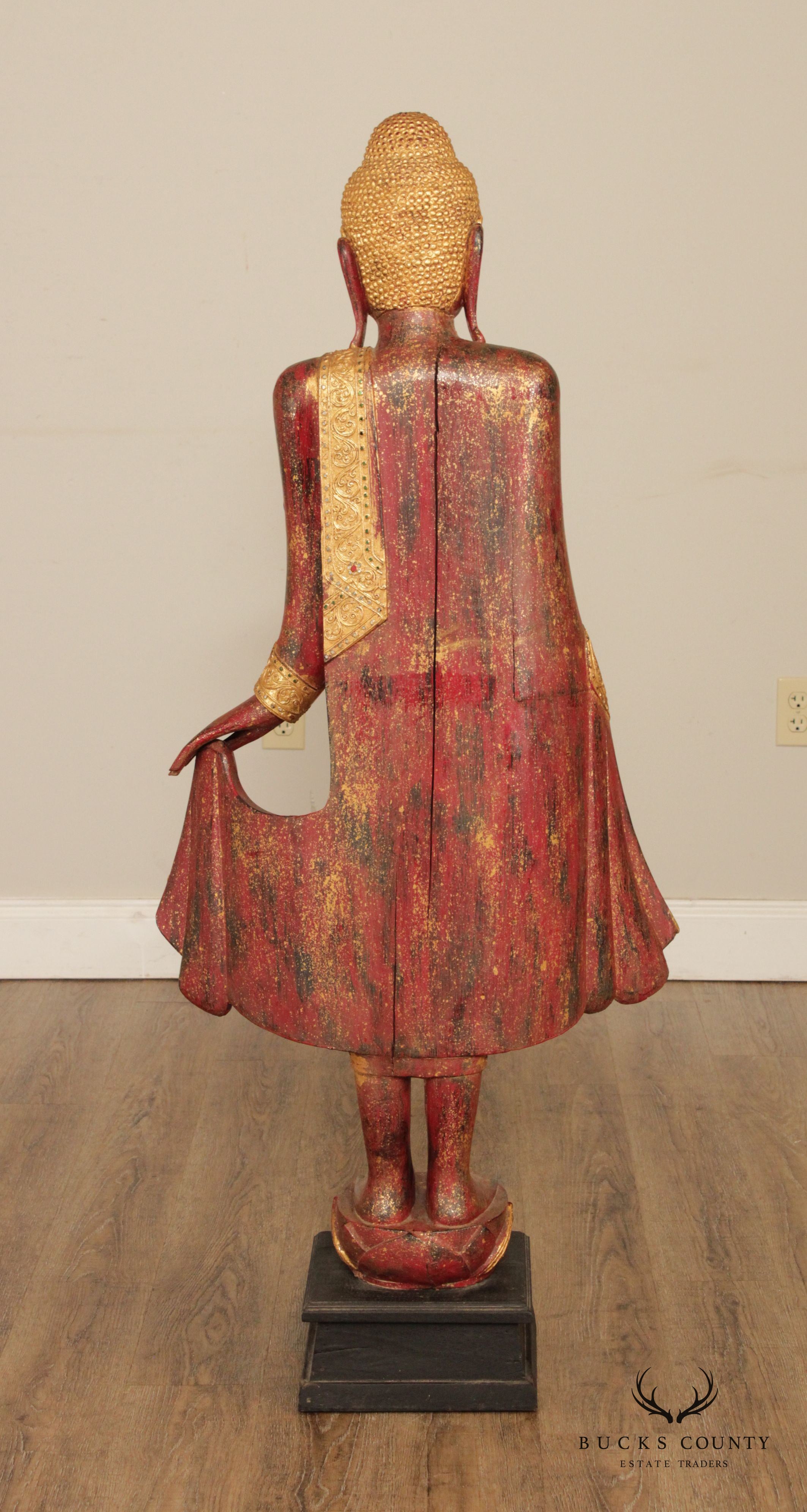 Burmese Mandalay Gilded Red Lacquer Tall Standing Buddha