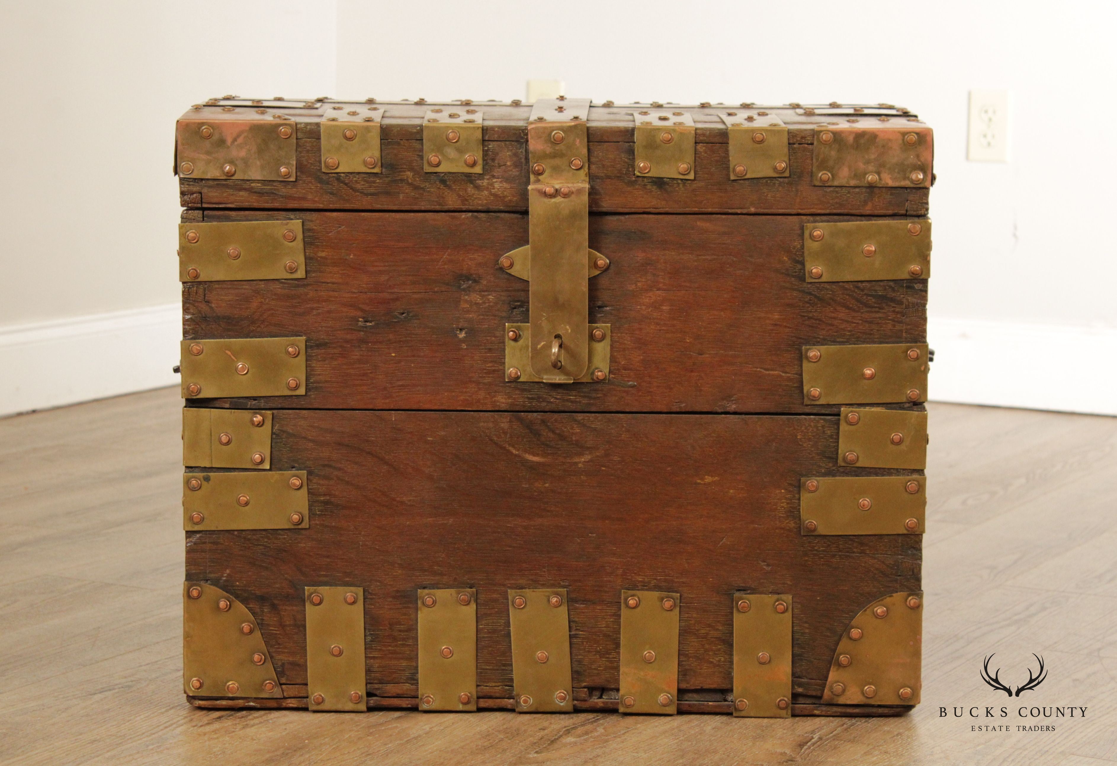 Antique Campaign Style Brass Strapped Trunk Chest
