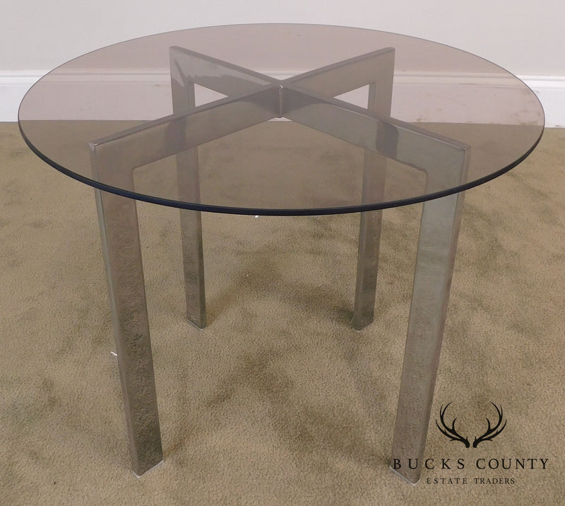 Milo Baughman Style Mid Century Pair Chrome Base Round Smoked Glass Side Tables