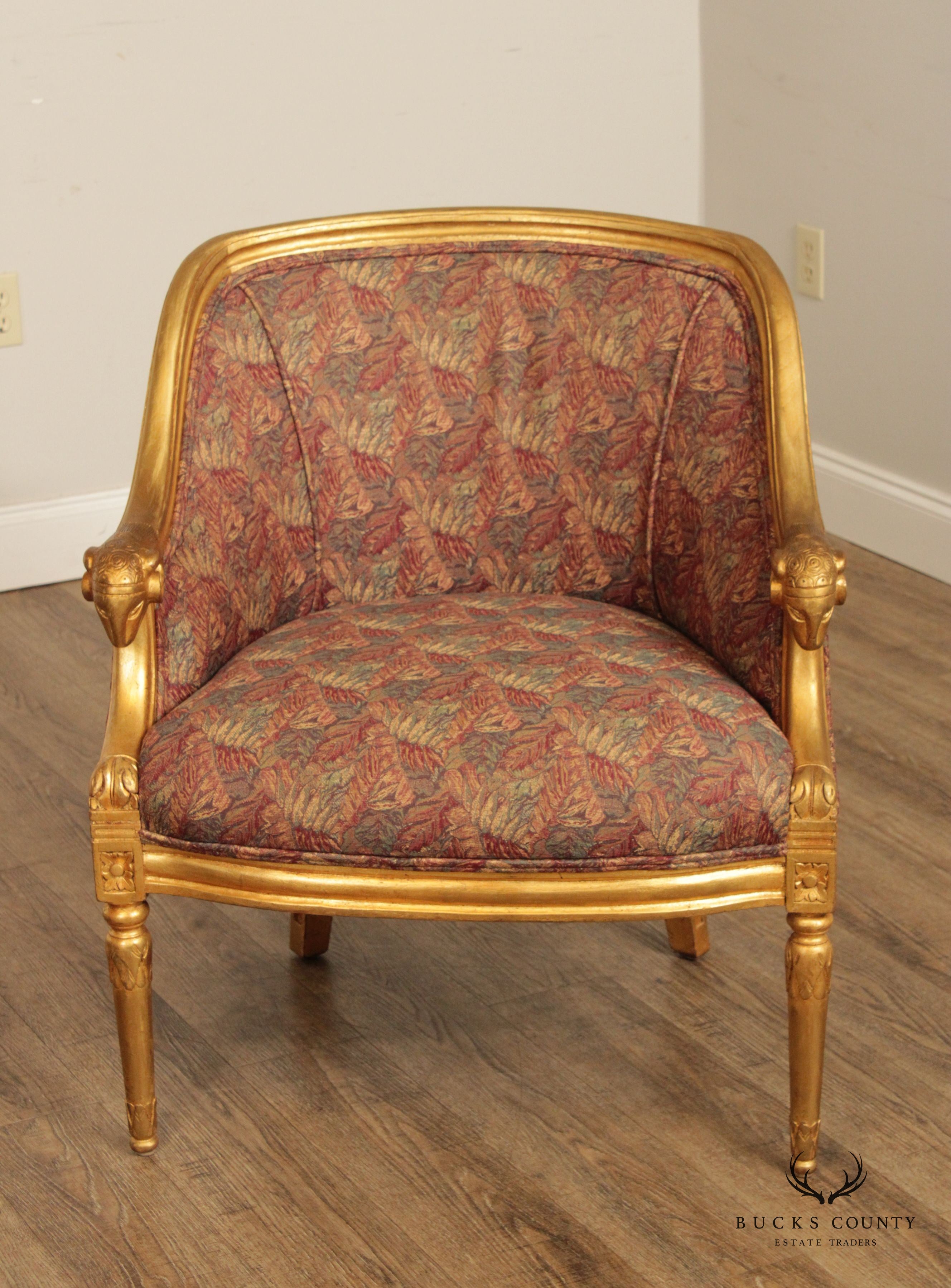 French Empire Style Gilt Rams Head Pair Barrel Club Chairs