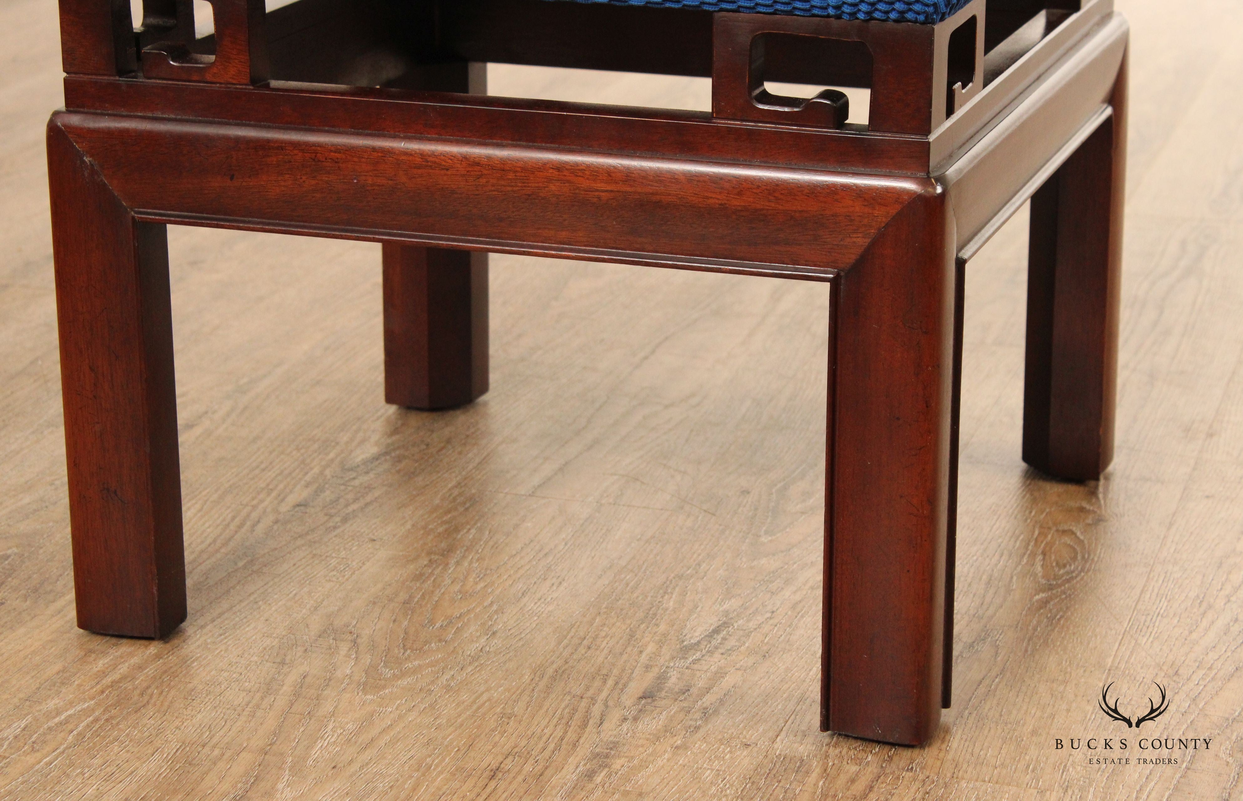 Asian Inspired Pair of Carved Mahogany Upholstered Stools