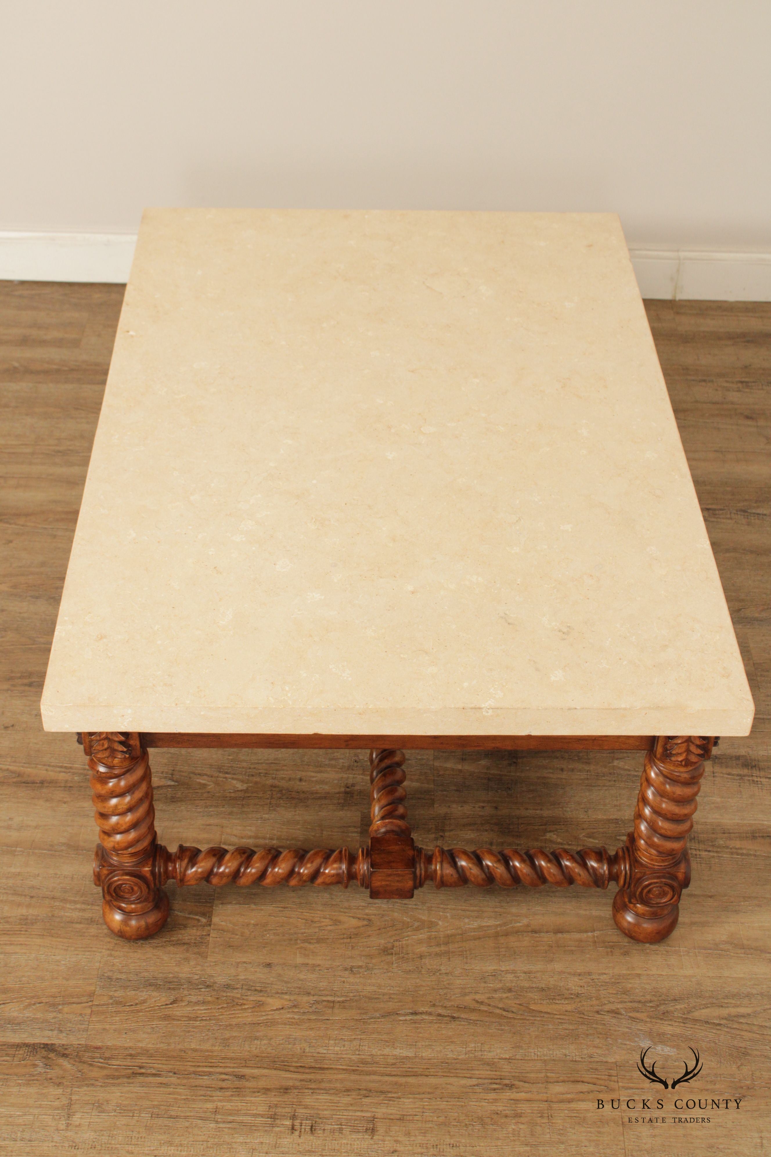 Jacobean Style Barley Twist Travertine Stone Top Coffee Table