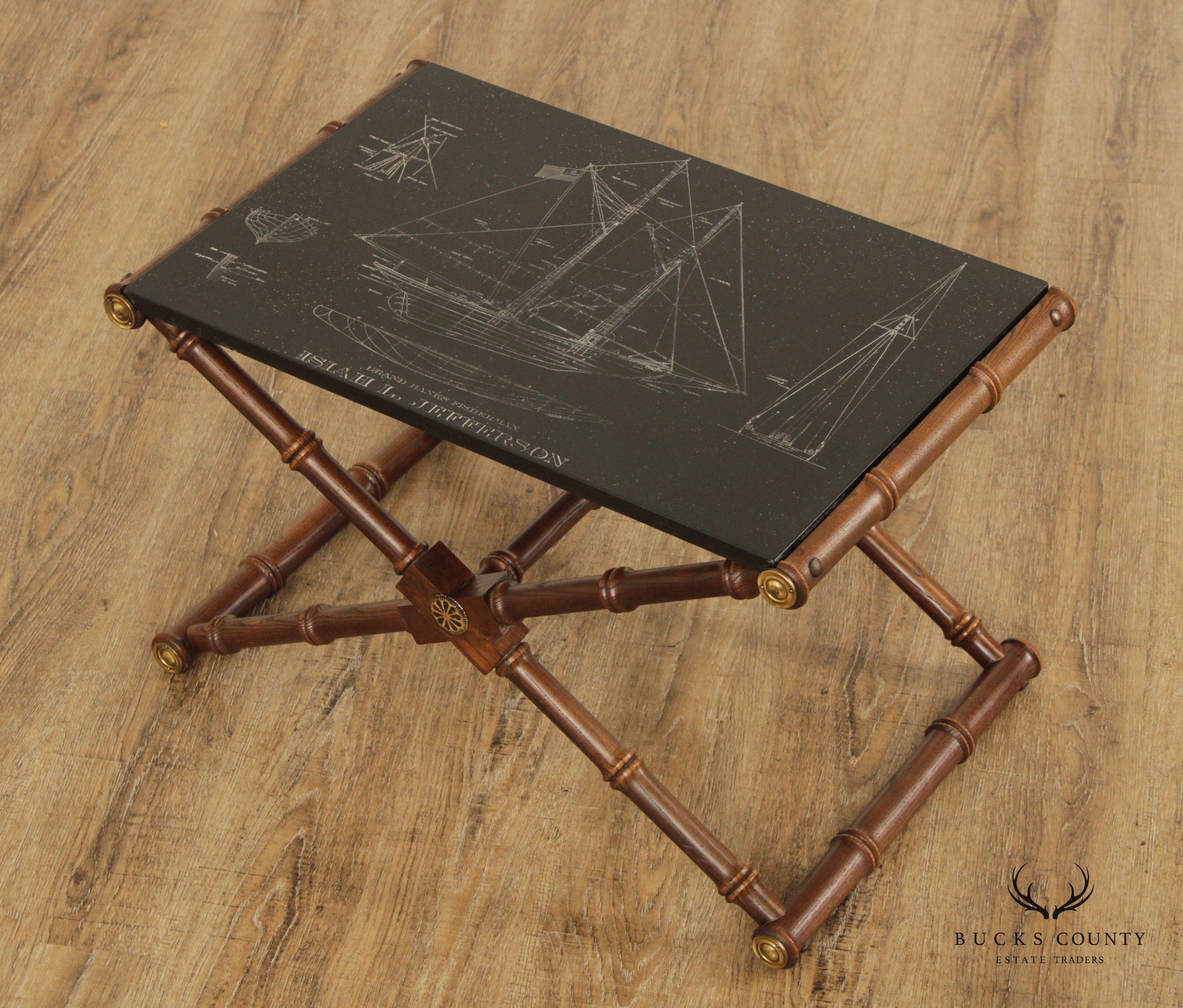 Vintage Nautical Campaign Style Blueprint Slate and Faux Bamboo Coffee Table
