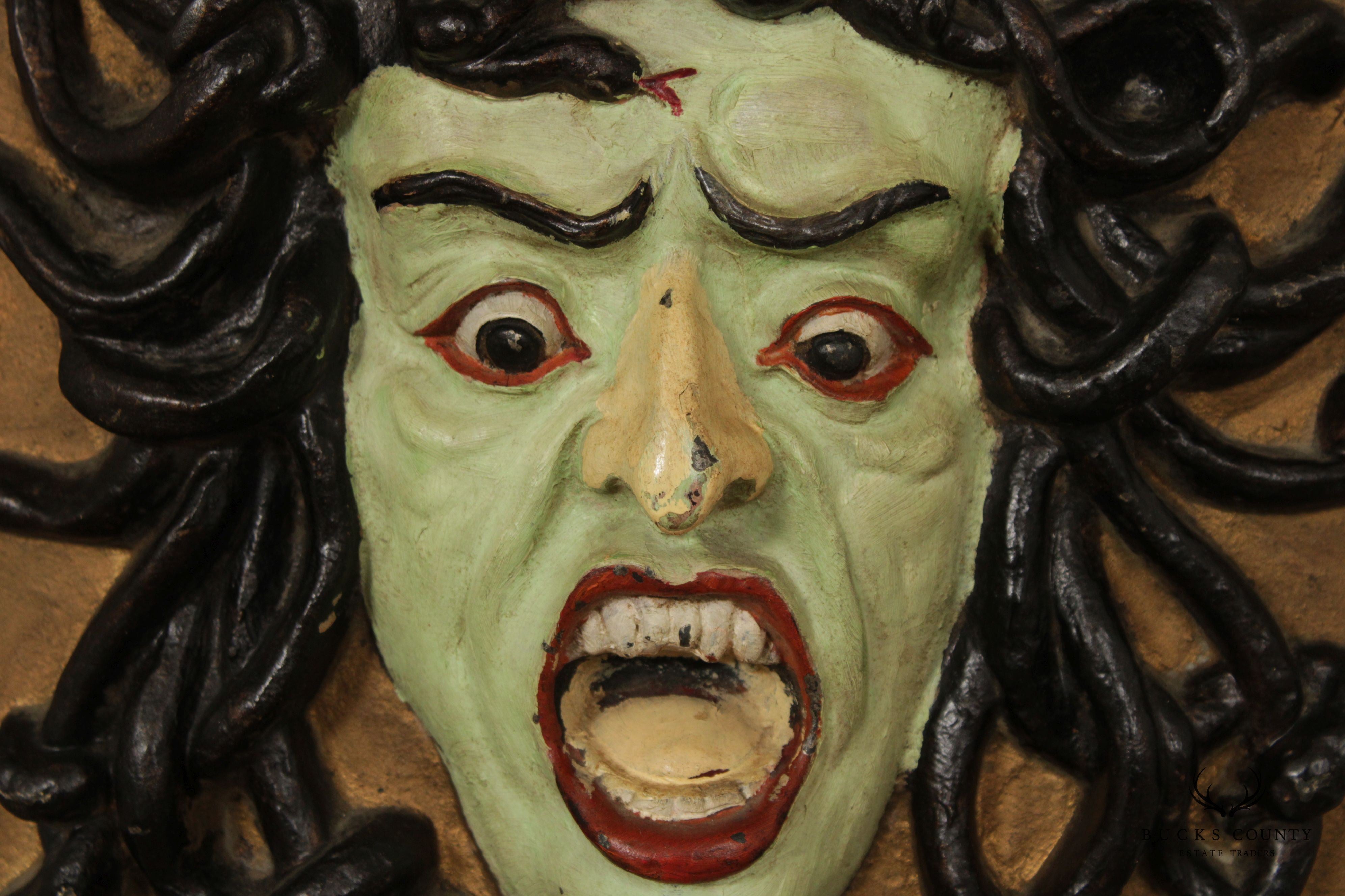 Antique Hand Painted Cast Iron Medusa Shield