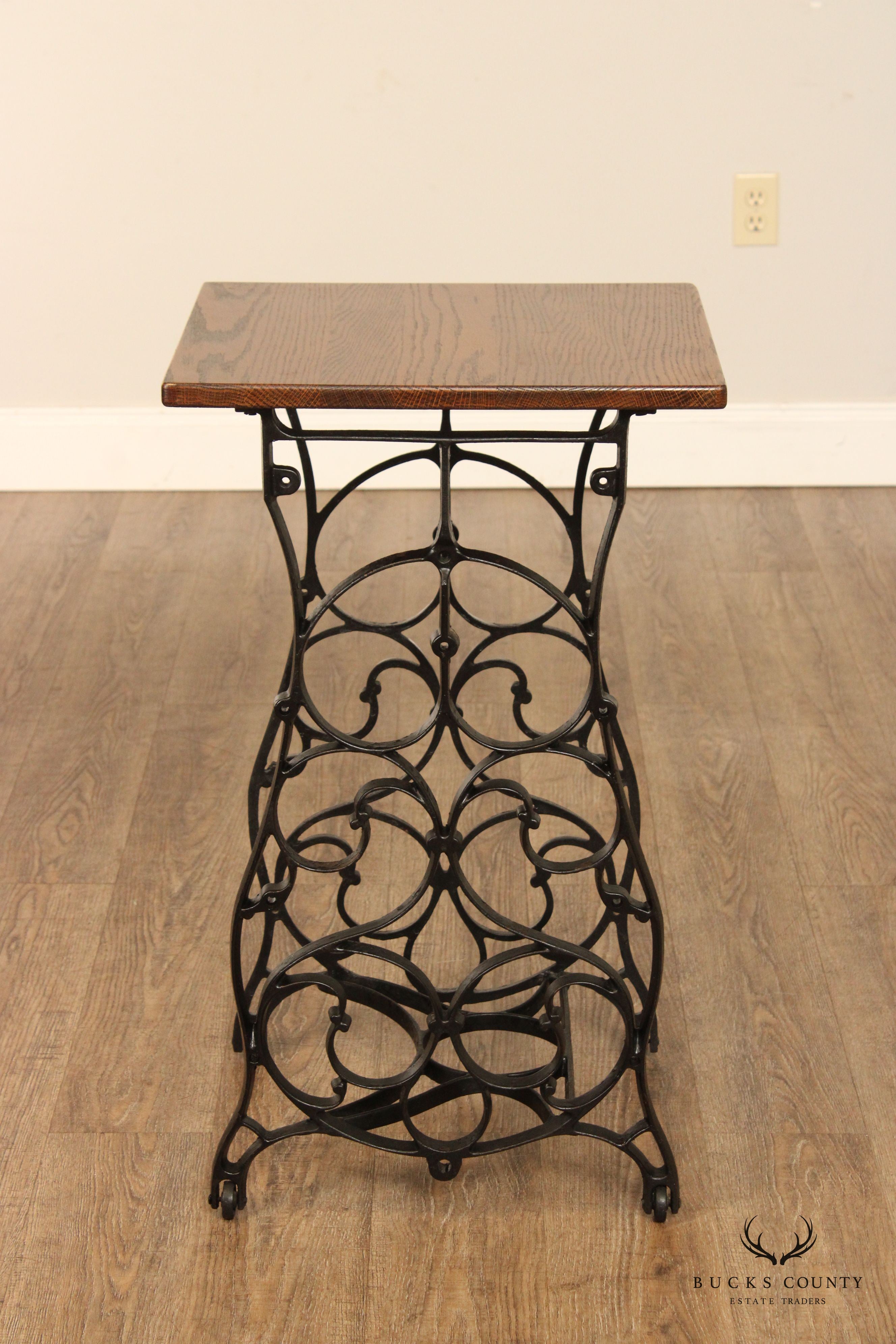 Antique Victorian Style Iron Base Oak Top Side Table