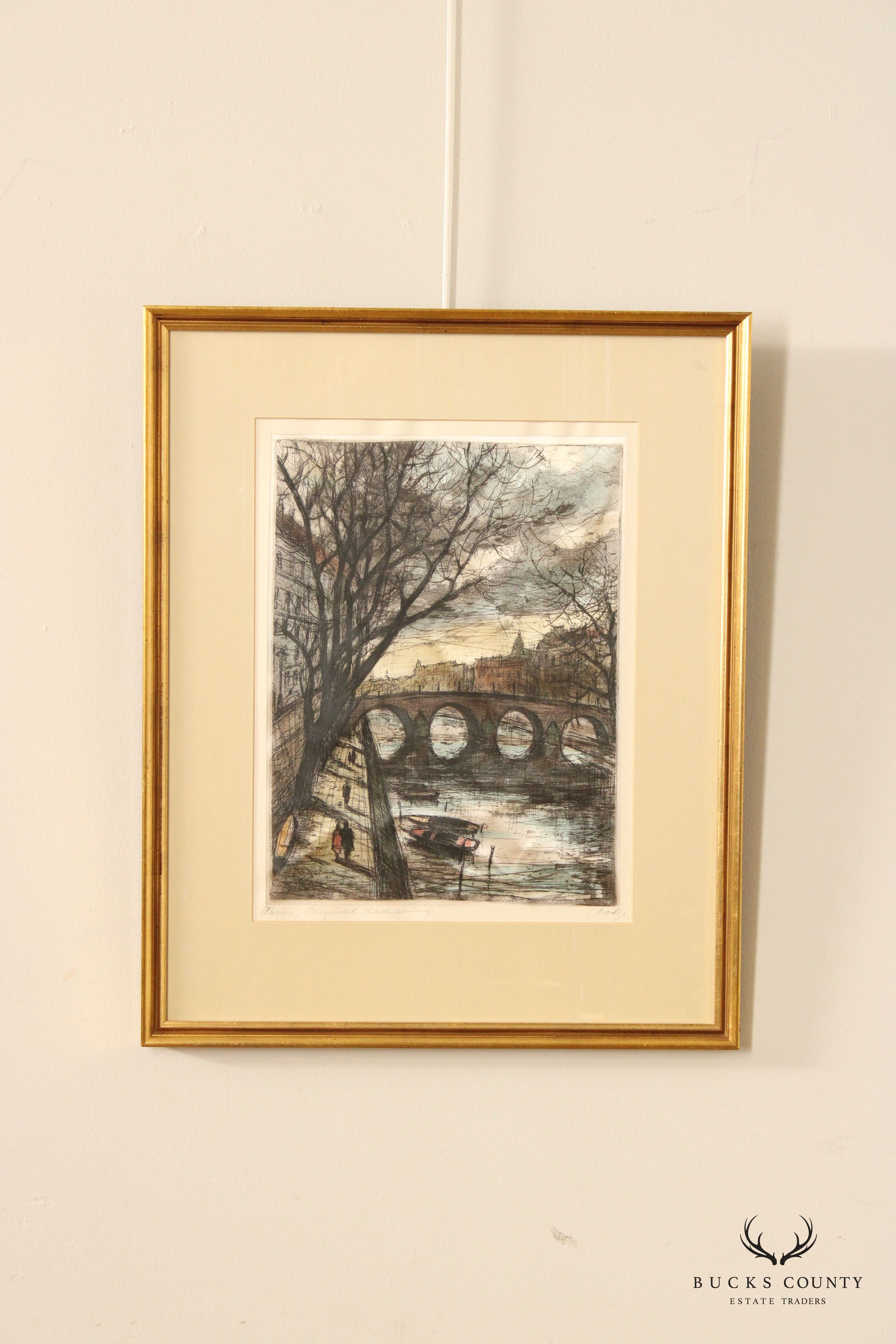 Vintage 20th C. 'Paris' Seine Colored Etching, Custom Framed