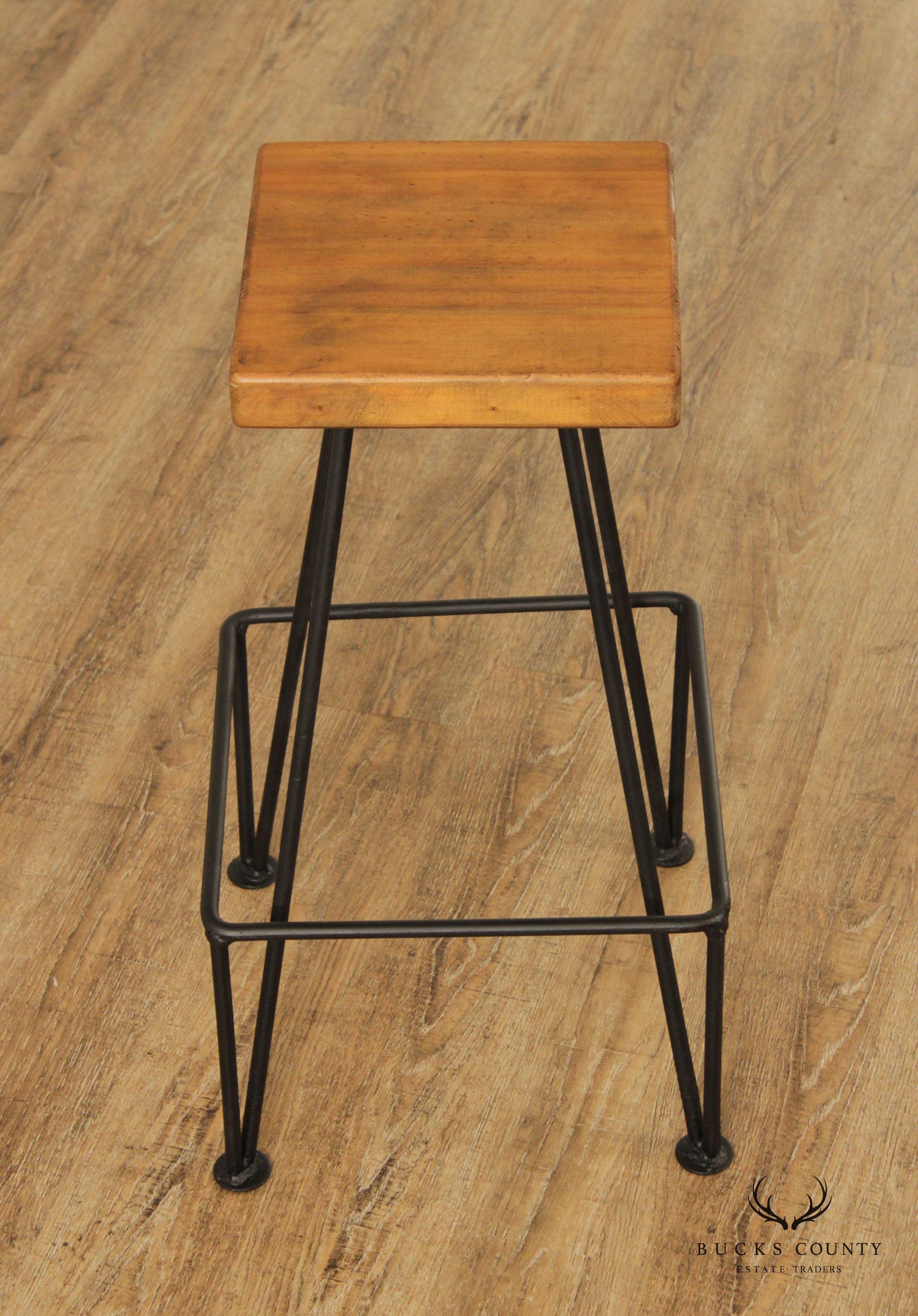 Industrial Midcentury Modern Style Wrought Iron & Wood Drafting or Bar Stool