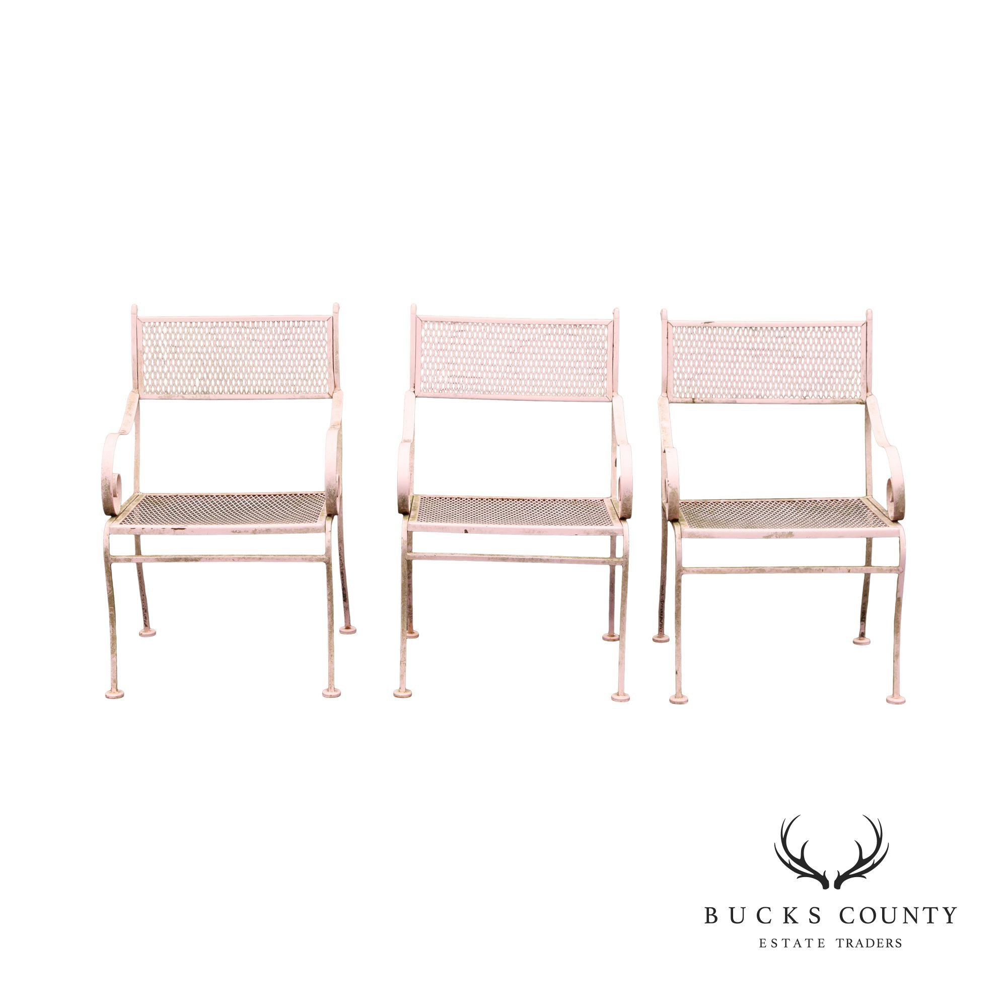 Vintage Set Three Wrought Iron Scroll Patio Armchairs