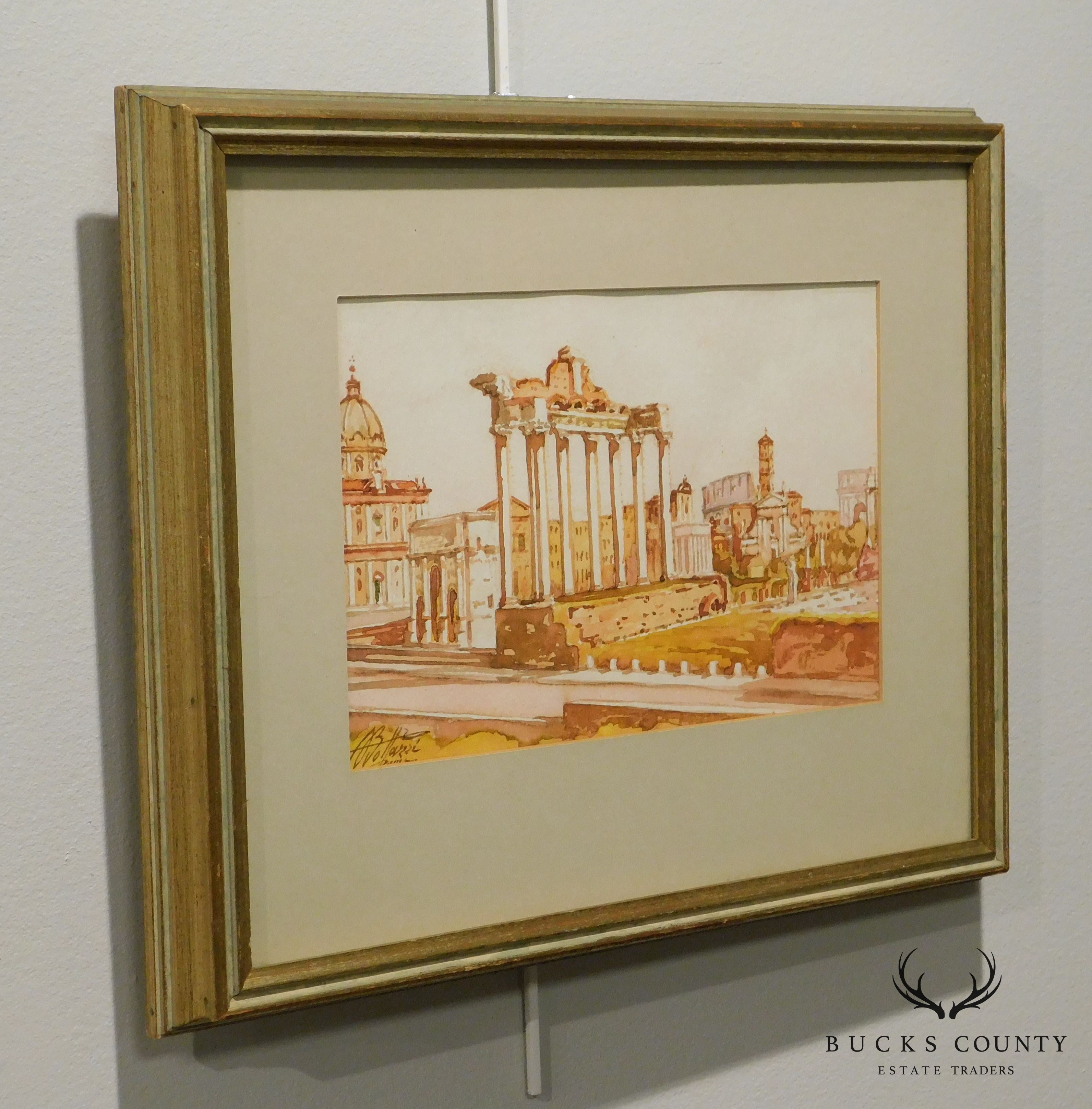 Vintage Roman Ruins Watercolor Painting Signed Bollazzi