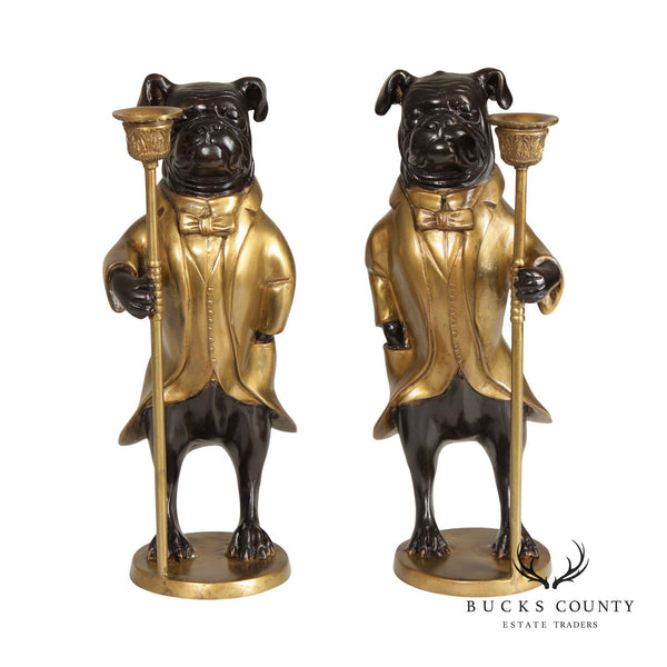 Set of Polychrome Bronze Bull Dog Candle Holders
